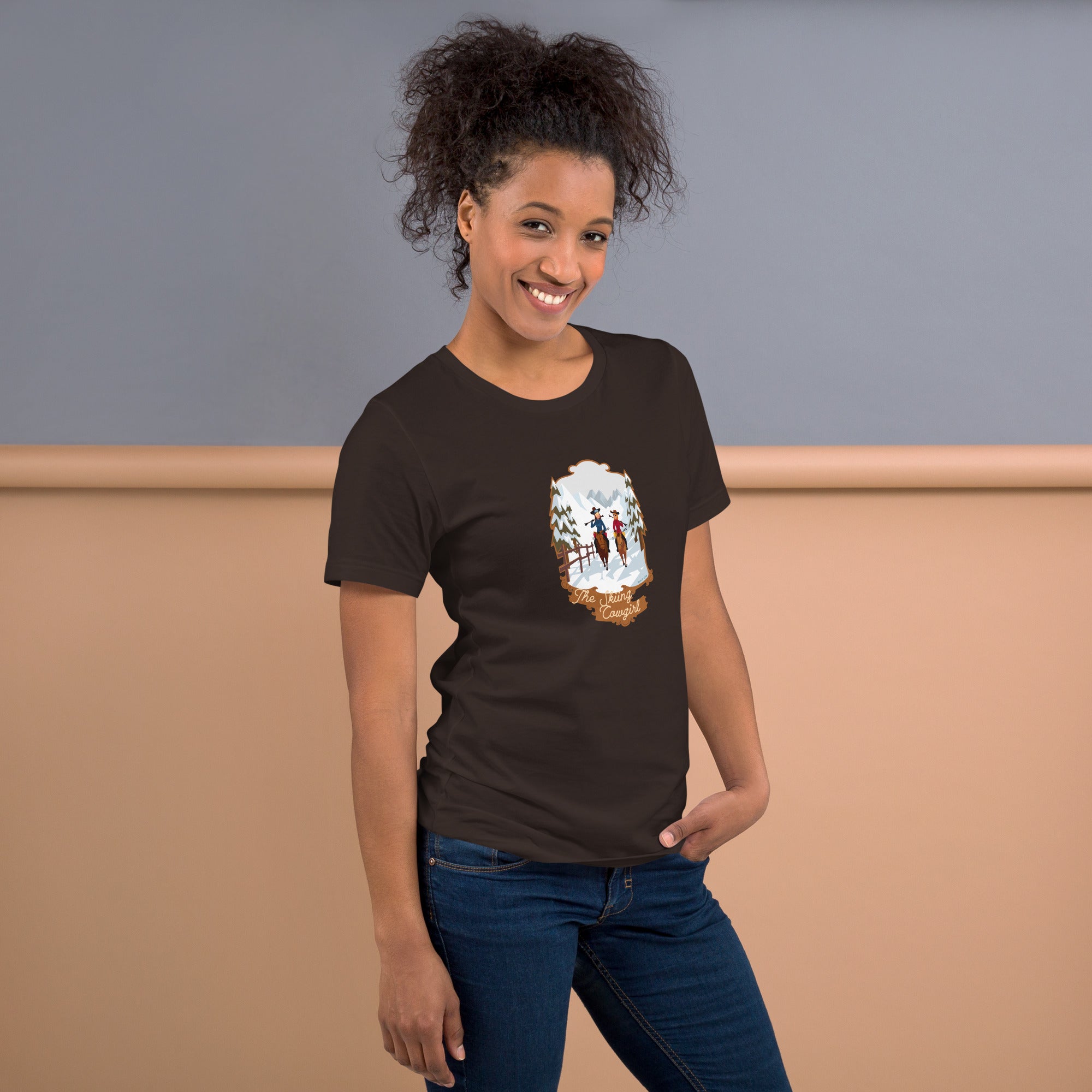 Unisex cotton t-shirt The Skiing Cowgirl on dark colors