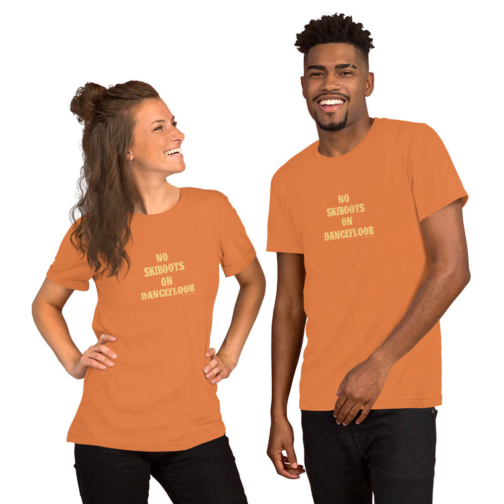 Unisex t-shirt No Skiboots on Dancefloor on bright colors