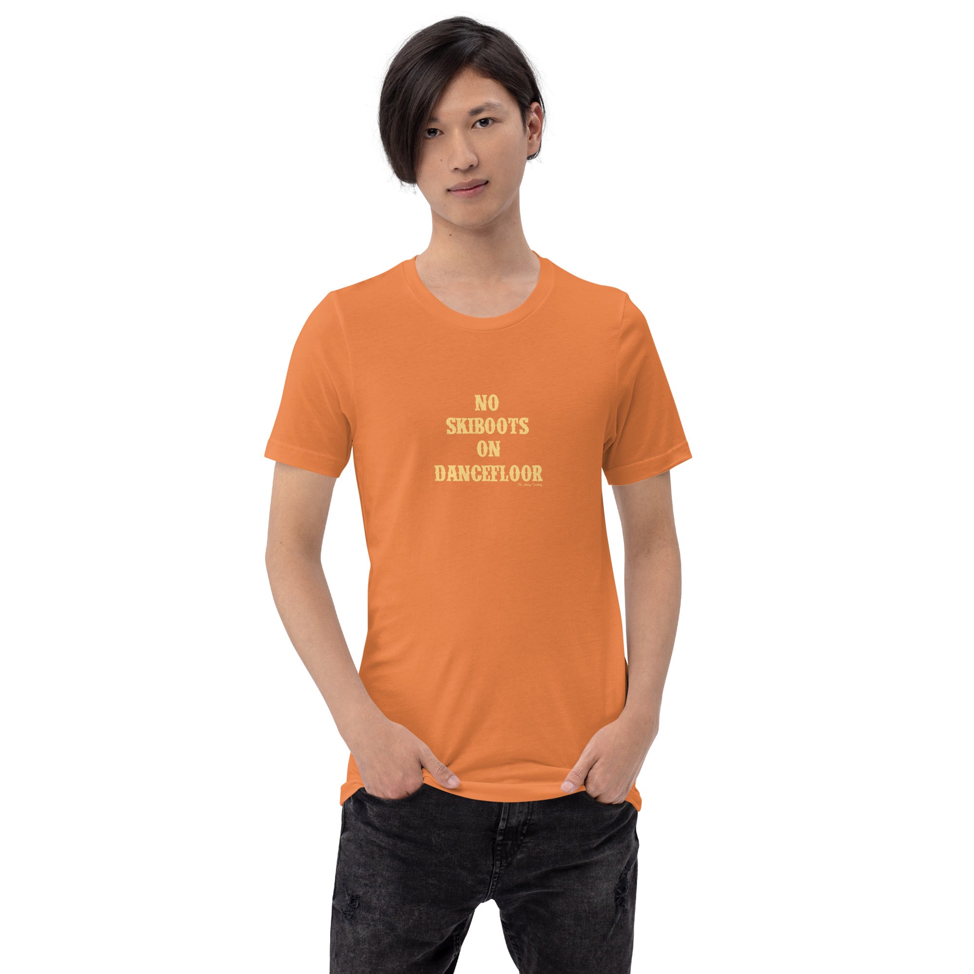 Unisex t-shirt No Skiboots on Dancefloor on bright colors