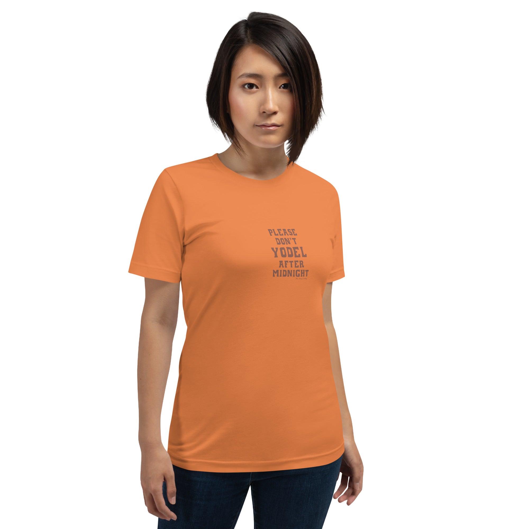 Unisex t-shirt Don't Yodel After Midnight on bright colors