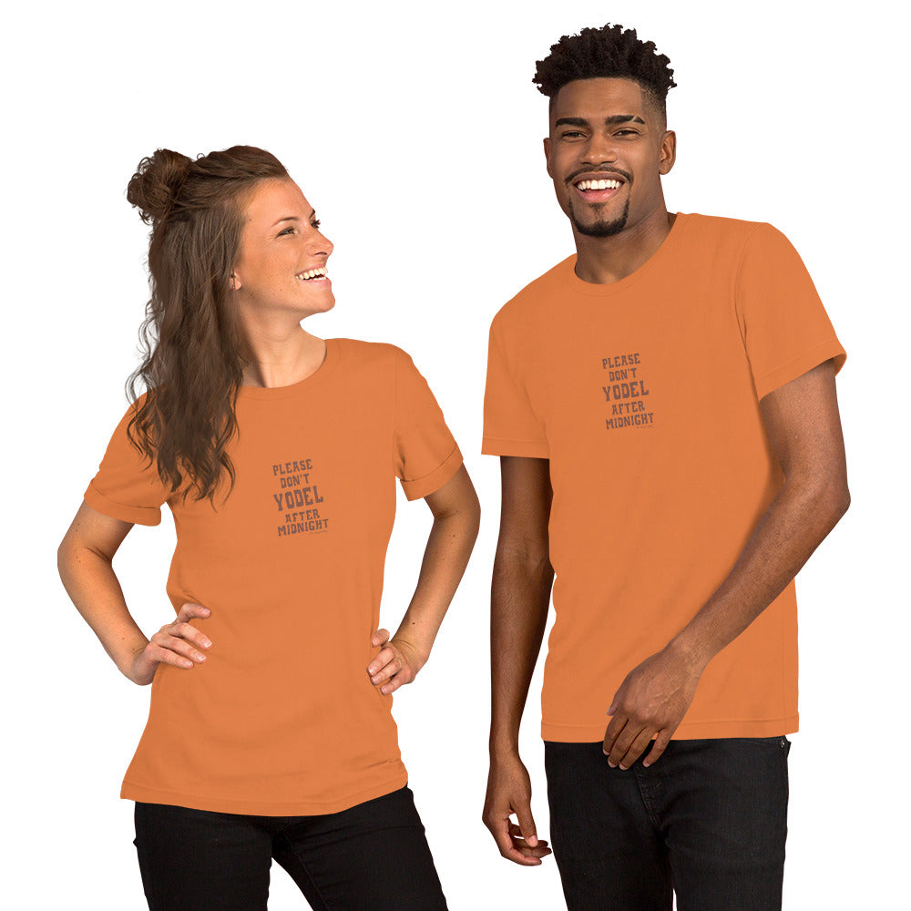 Unisex t-shirt Don't Yodel After Midnight on bright colors