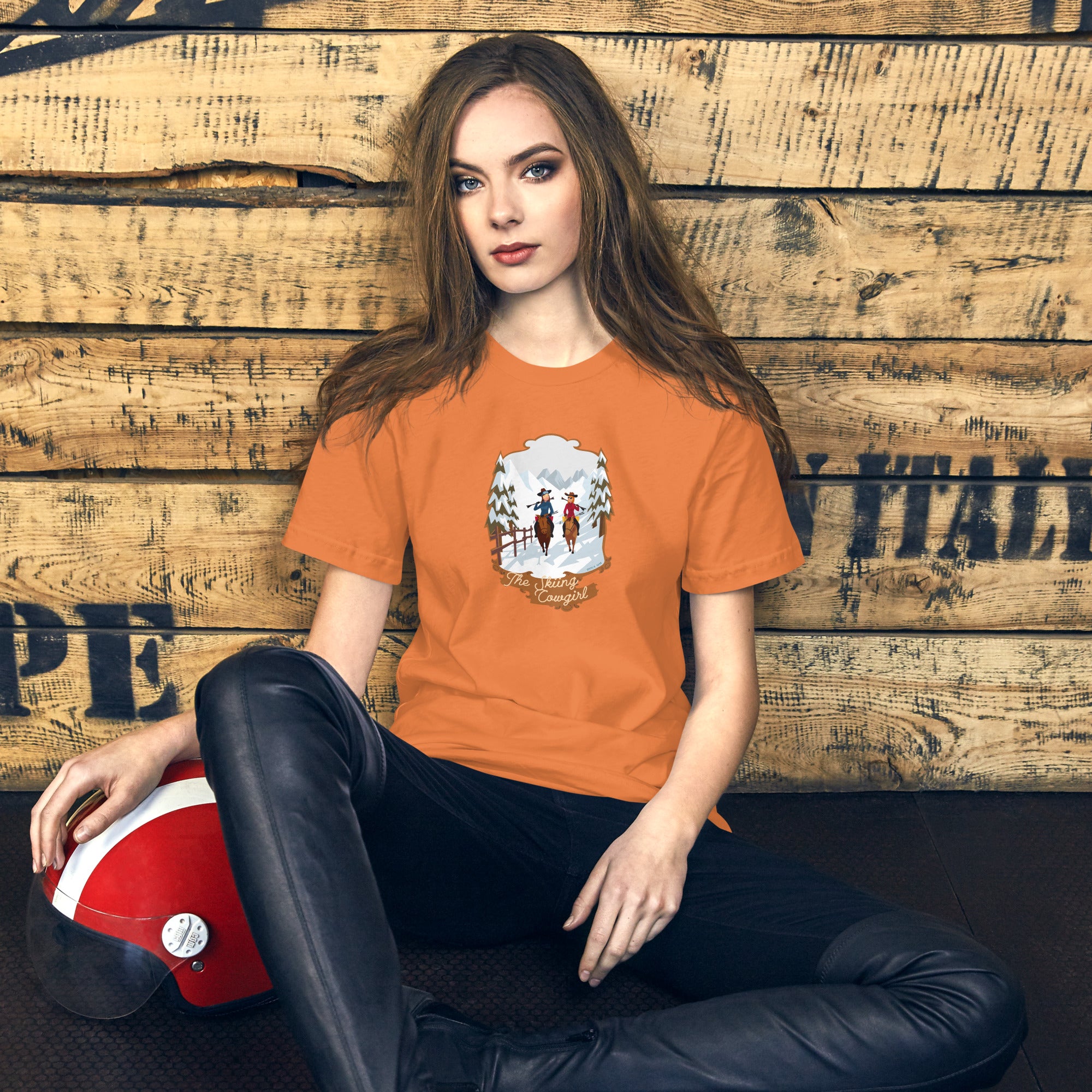 Unisex cotton t-shirt The Skiing Cowgirl on bright colors