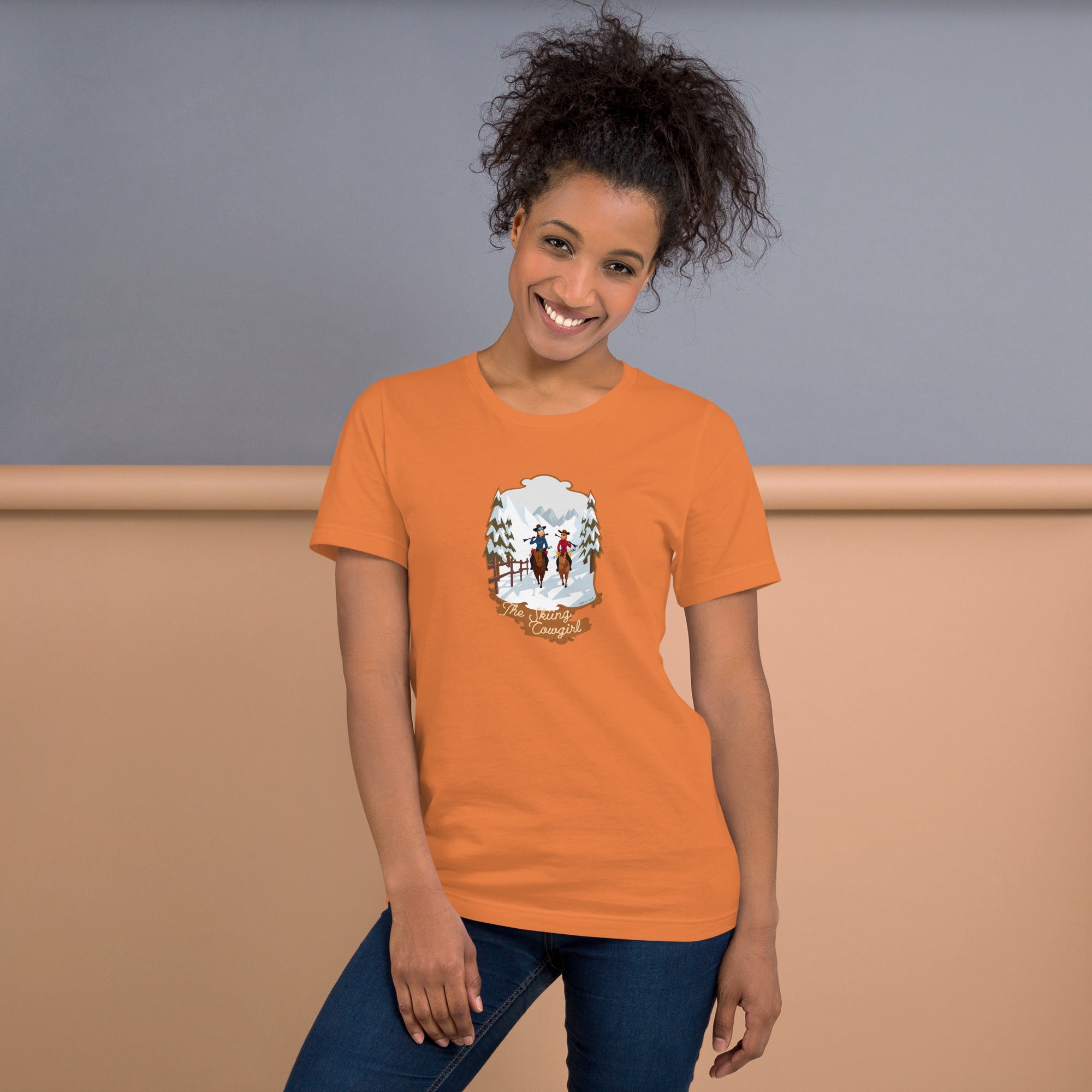 Unisex cotton t-shirt The Skiing Cowgirl on bright colors