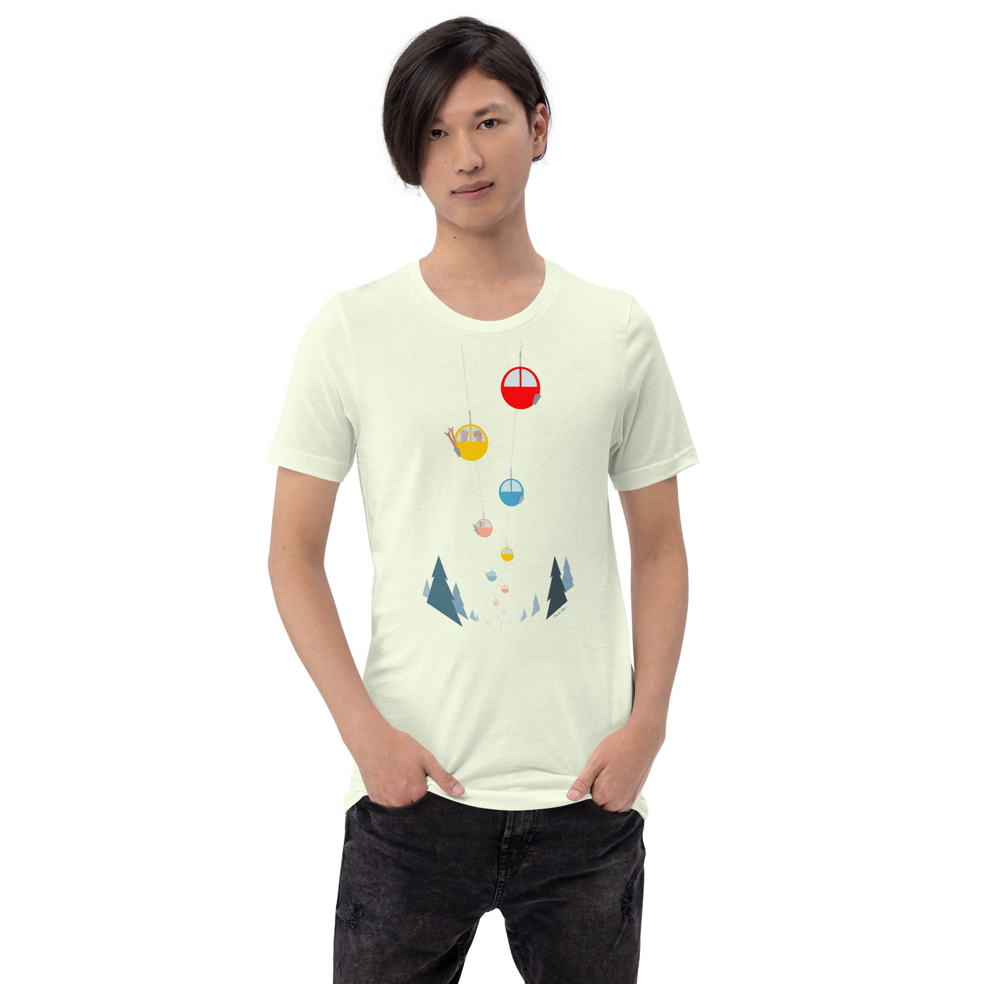 Unisex cotton t-shirt Gondolas in the mist on bright colors