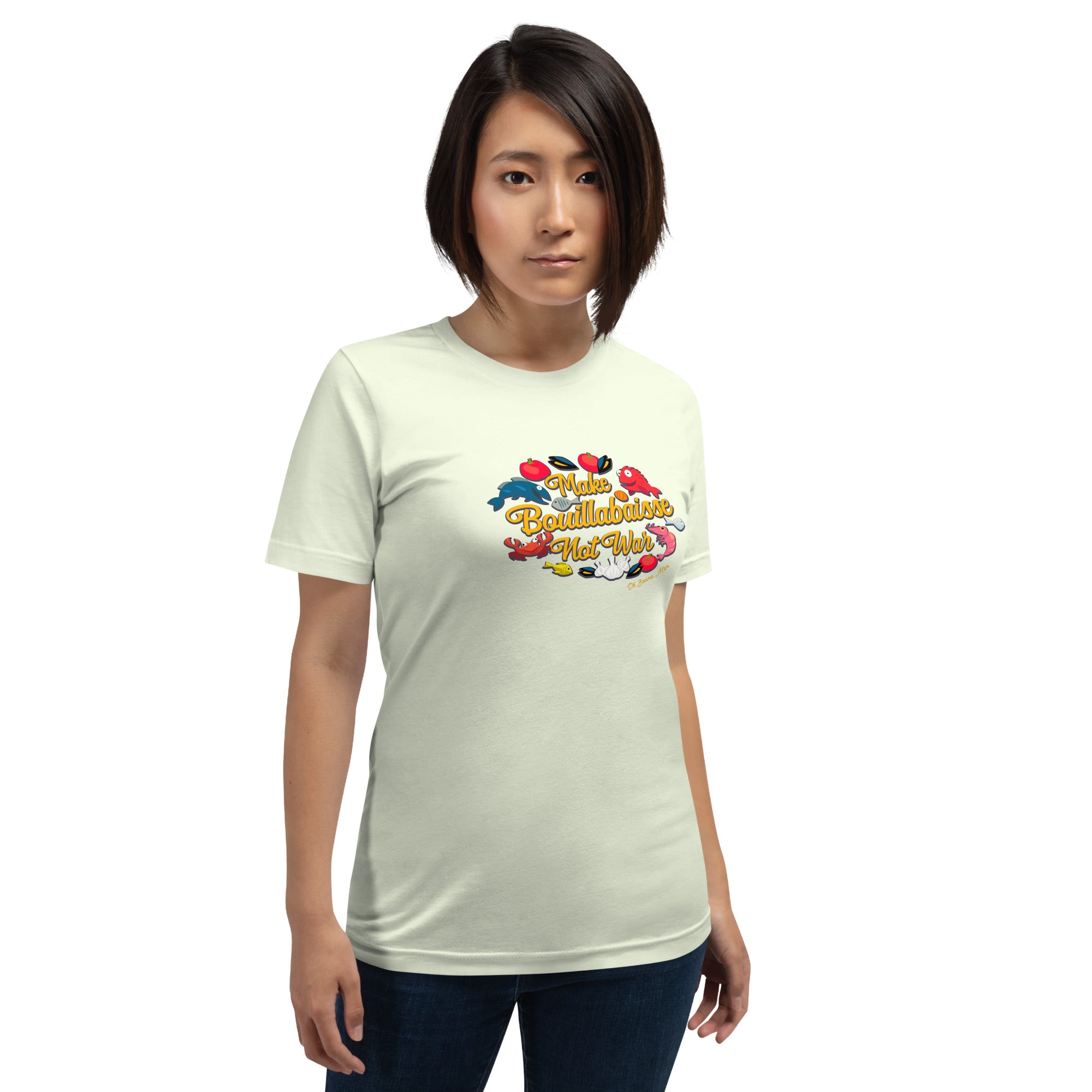 Unisex cotton t-shirt Make Bouillabaisse Not War on bright colors