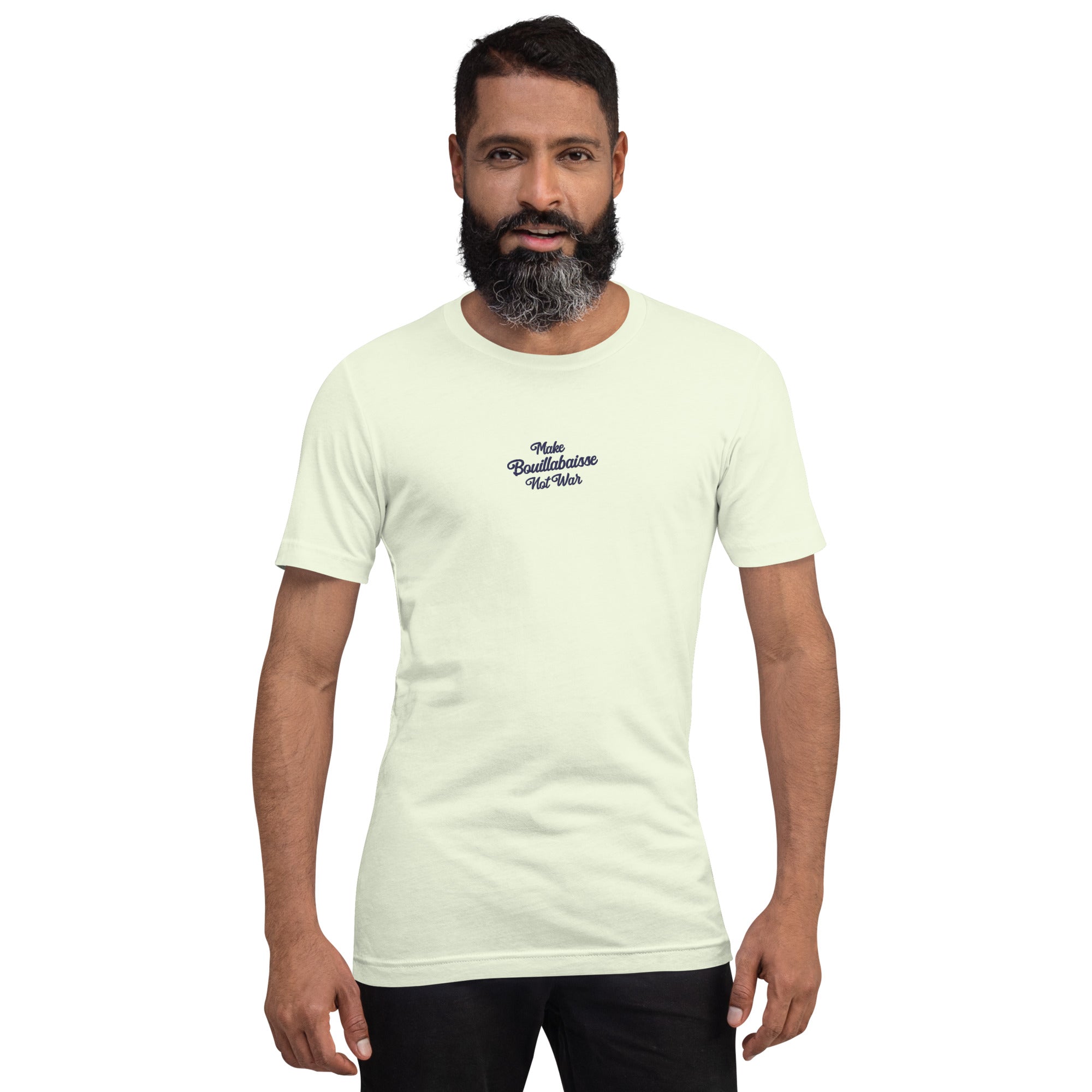 Unisex cotton t-shirt Make Bouillabaisse Not War Navy embroidered pattern on light colors