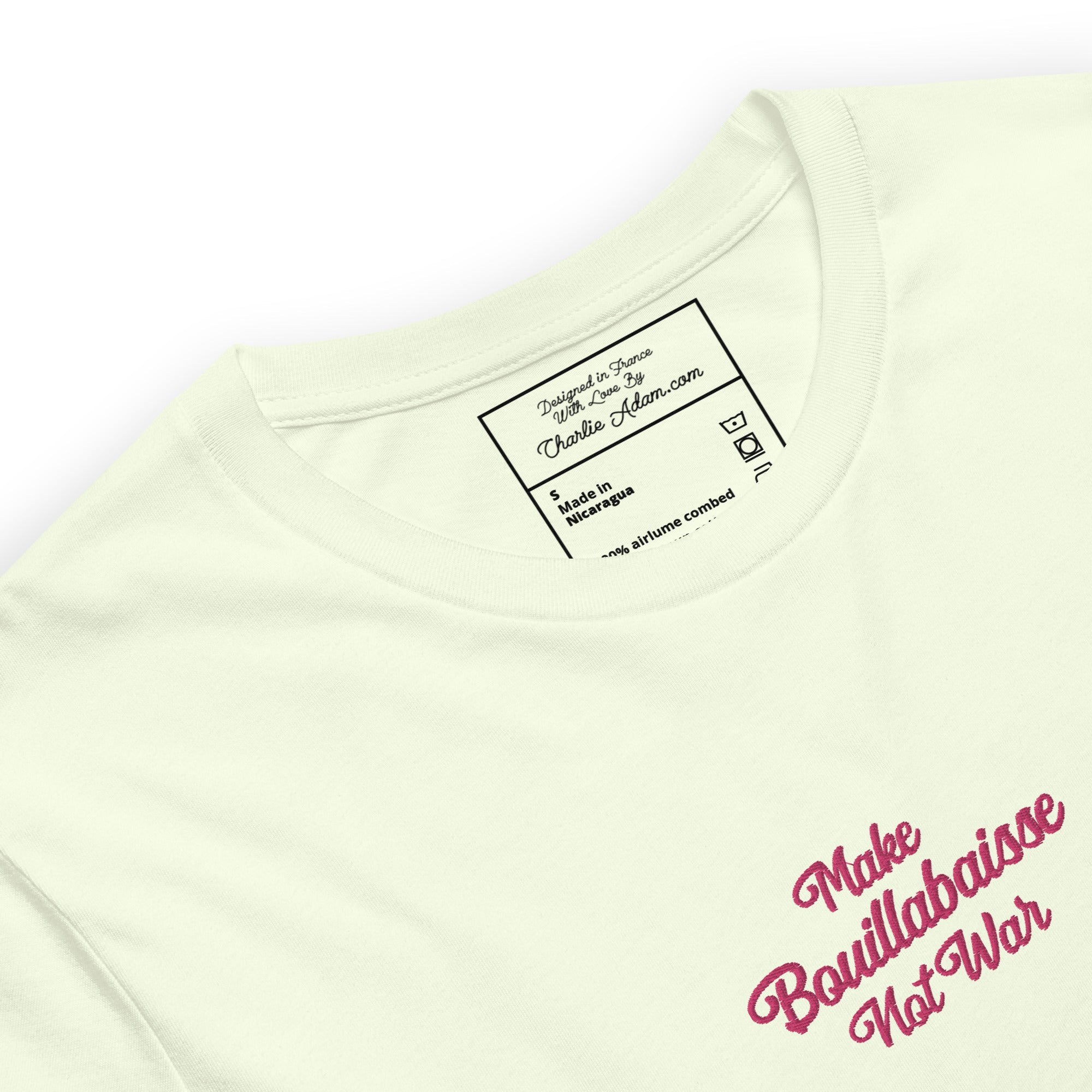 Unisex t-shirt Make Bouillabaisse Not War Text Only flamingo embroidered pattern on light colors