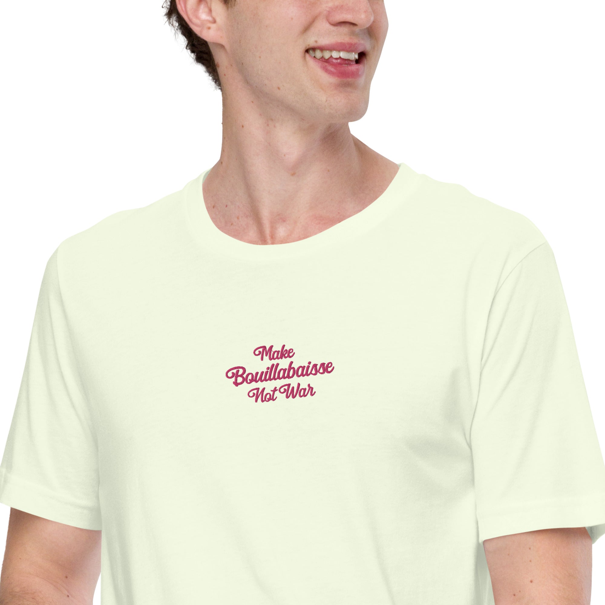 Unisex t-shirt Make Bouillabaisse Not War Text Only flamingo embroidered pattern on light colors