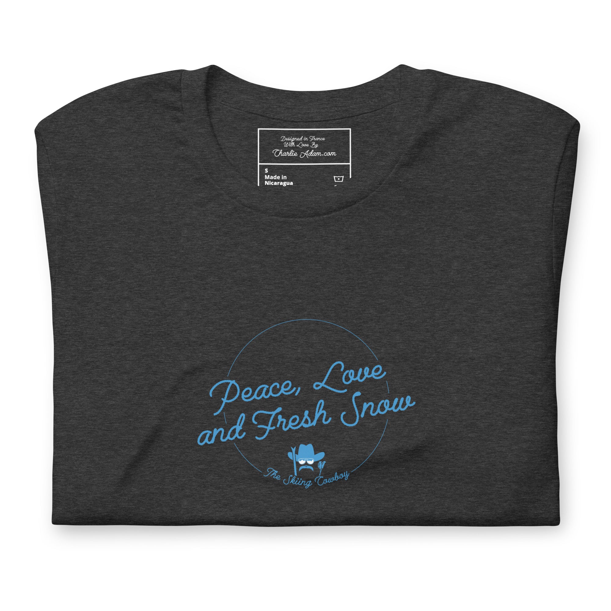 T-shirt en coton unisexe Peace, Love and Fresh Snow sur couleurs chinées foncées