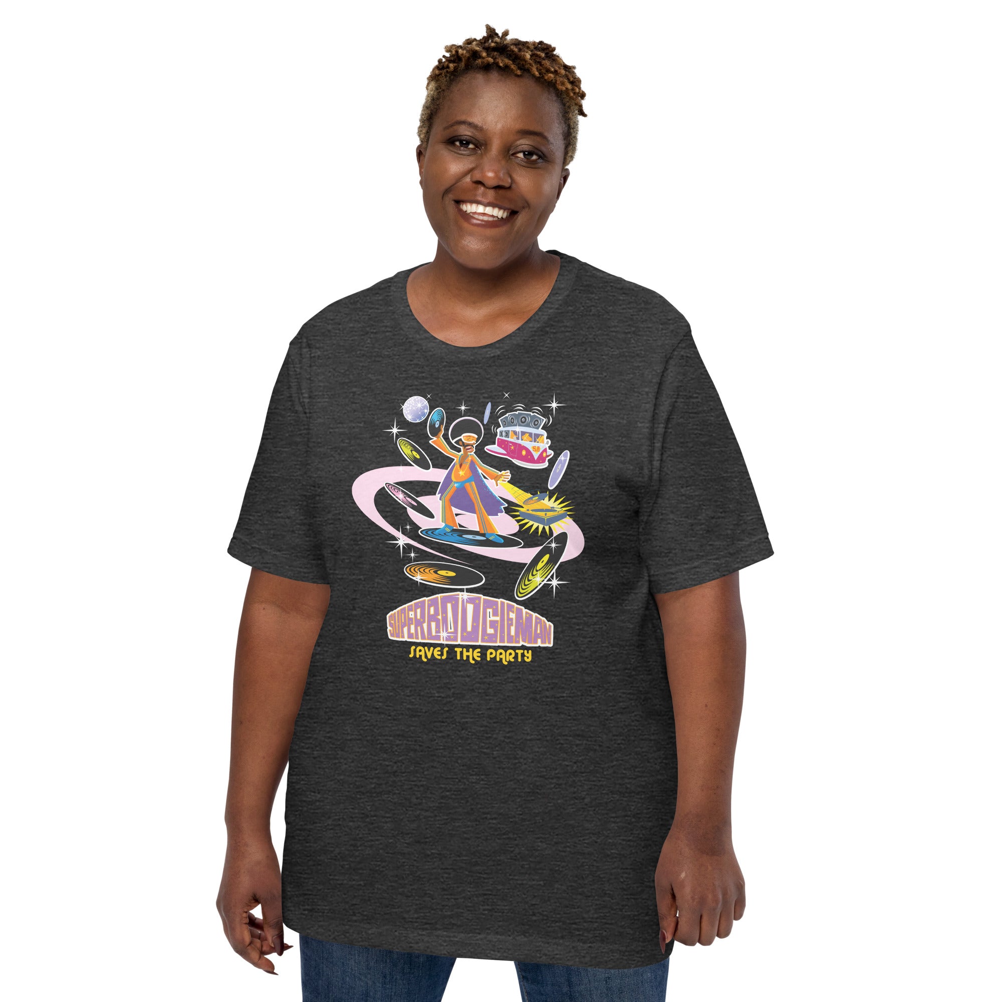 Unisex t-shirt Superboogieman saves the Party on dark heather colors