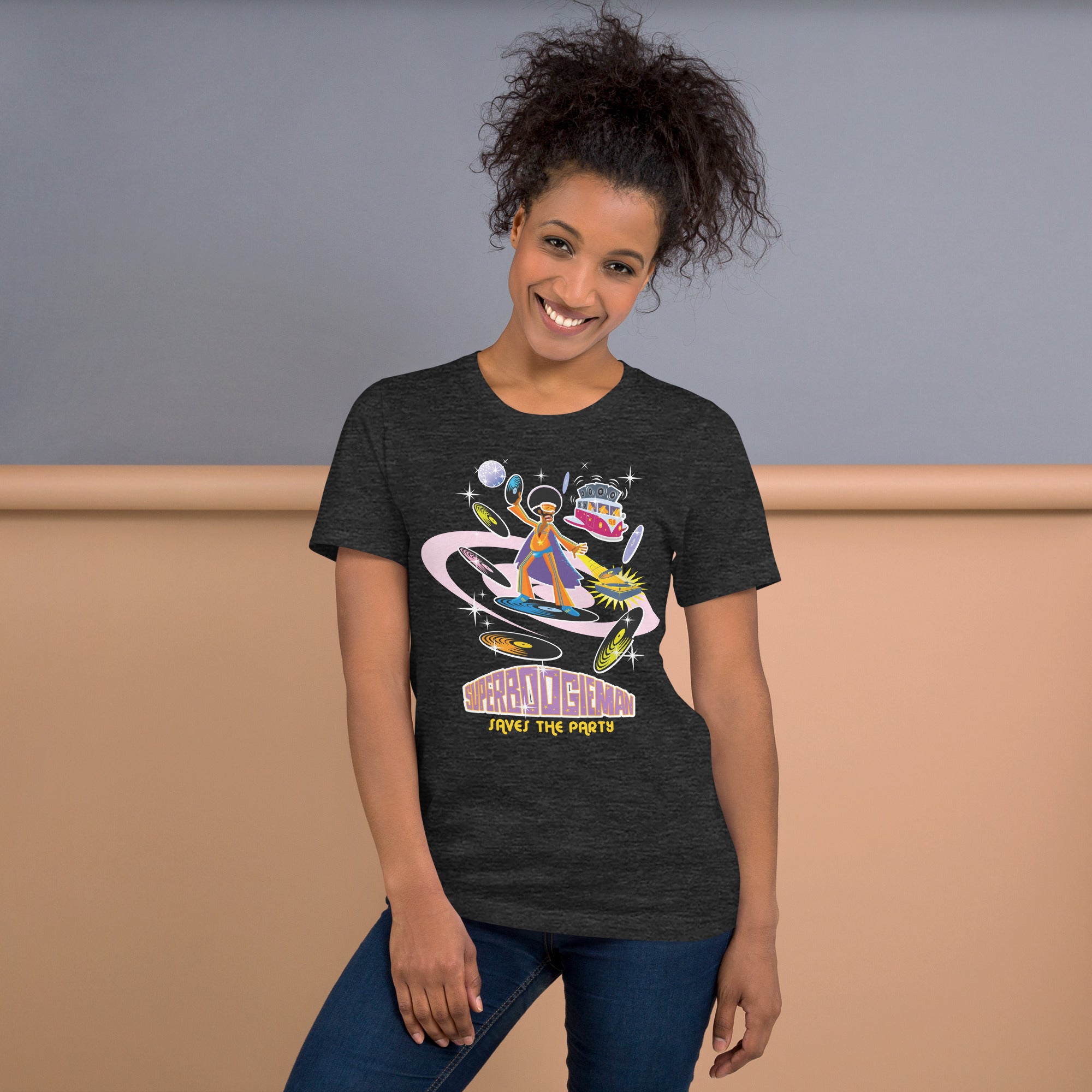 Unisex t-shirt Superboogieman saves the Party on dark heather colors