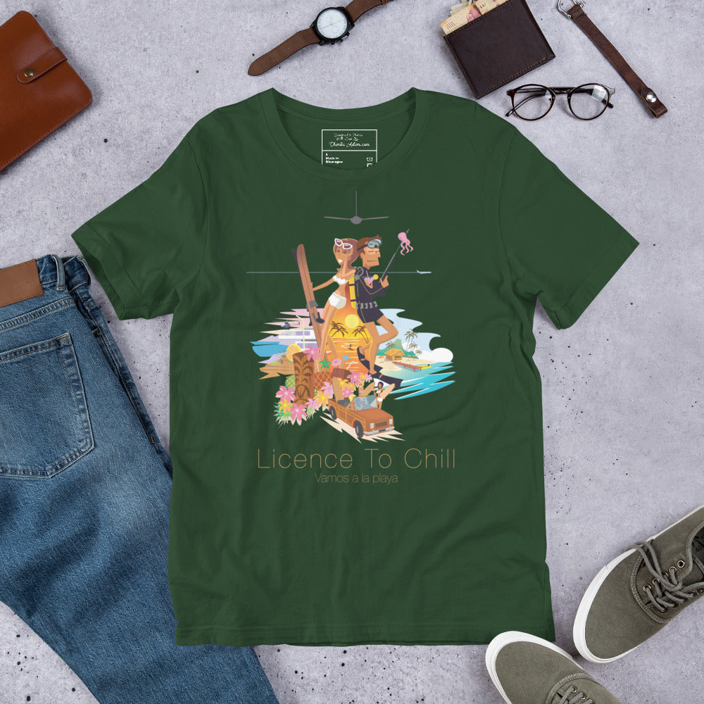 Unisex cotton t-shirt License to Chill Vamos a la Playa on Green