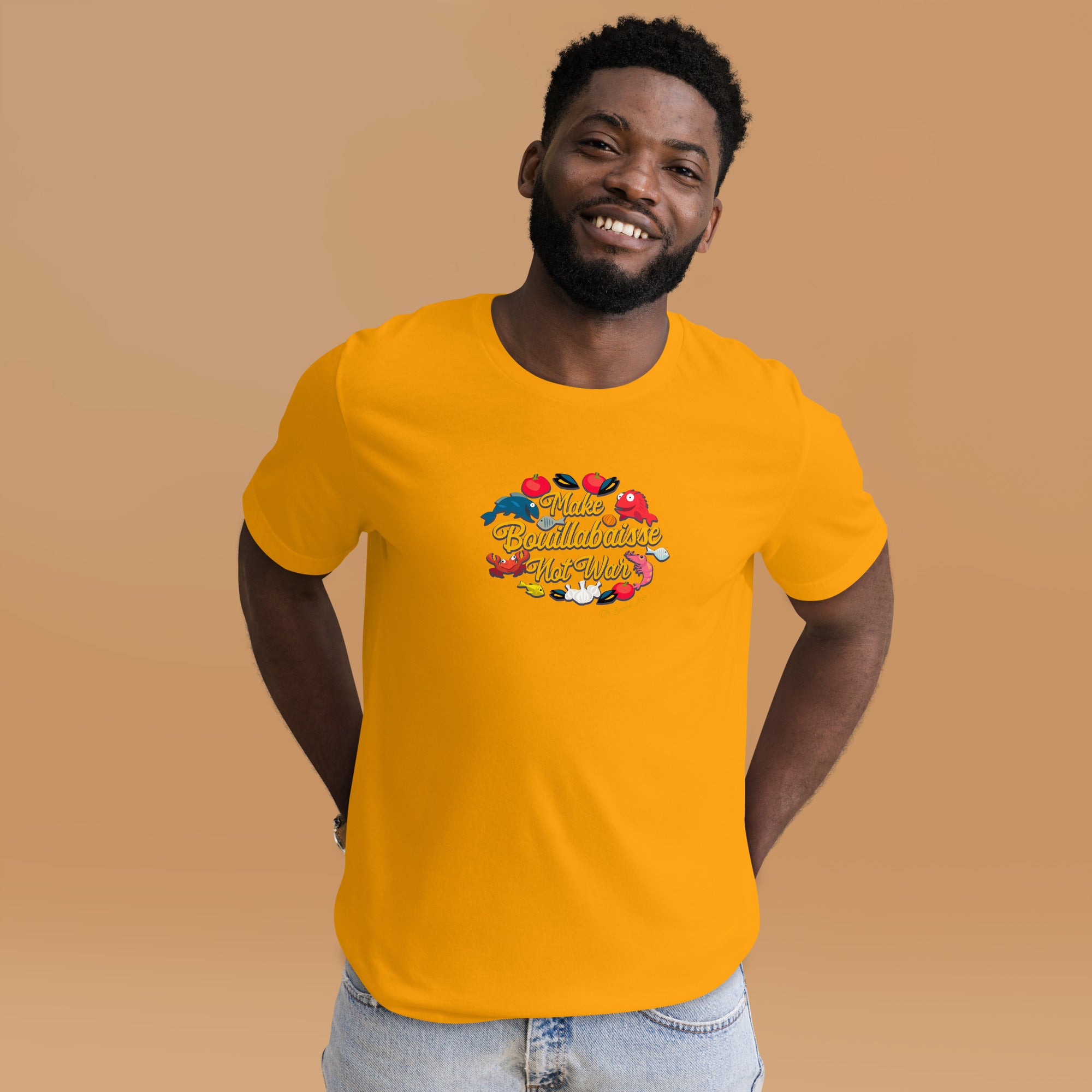 T-shirt en coton unisexe Make Bouillabaisse Not War sur couleurs vives