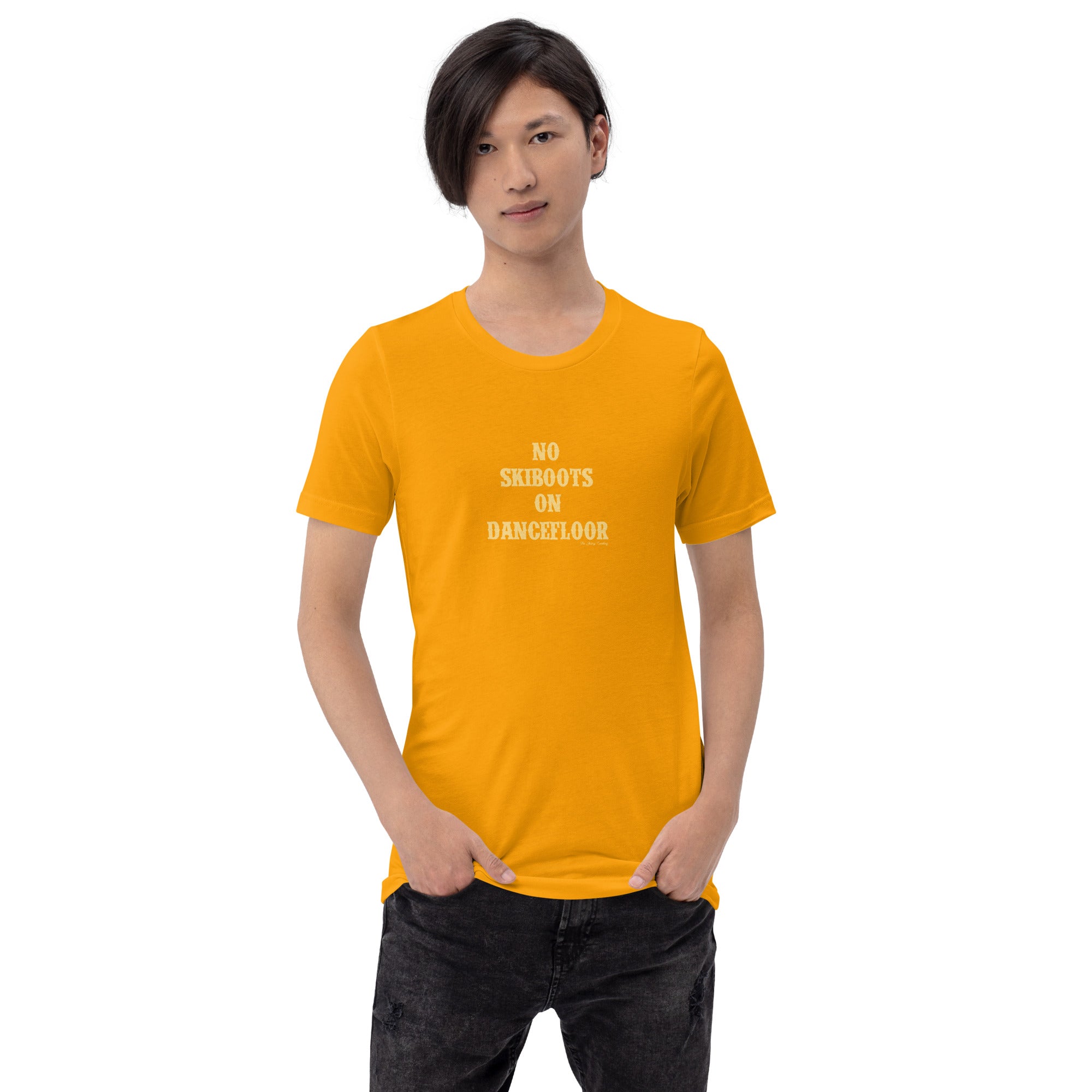 Unisex t-shirt No Skiboots on Dancefloor on bright colors