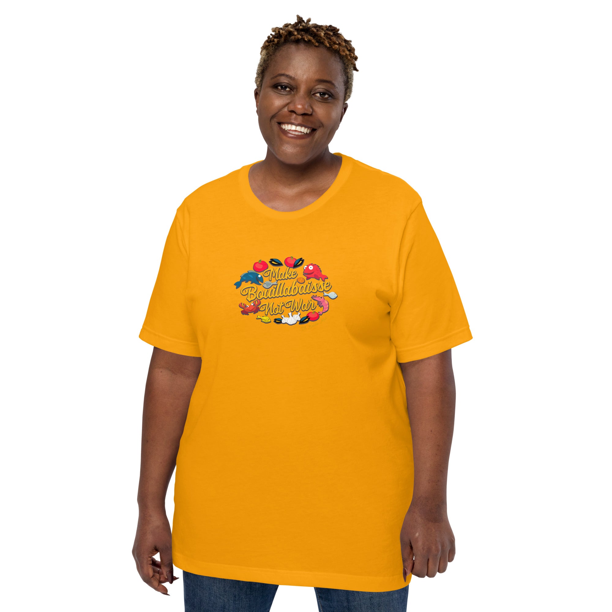 T-shirt en coton unisexe Make Bouillabaisse Not War sur couleurs vives