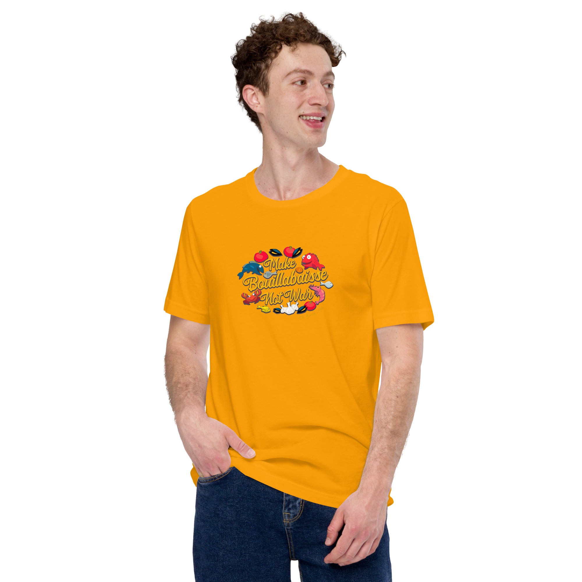 T-shirt en coton unisexe Make Bouillabaisse Not War sur couleurs vives