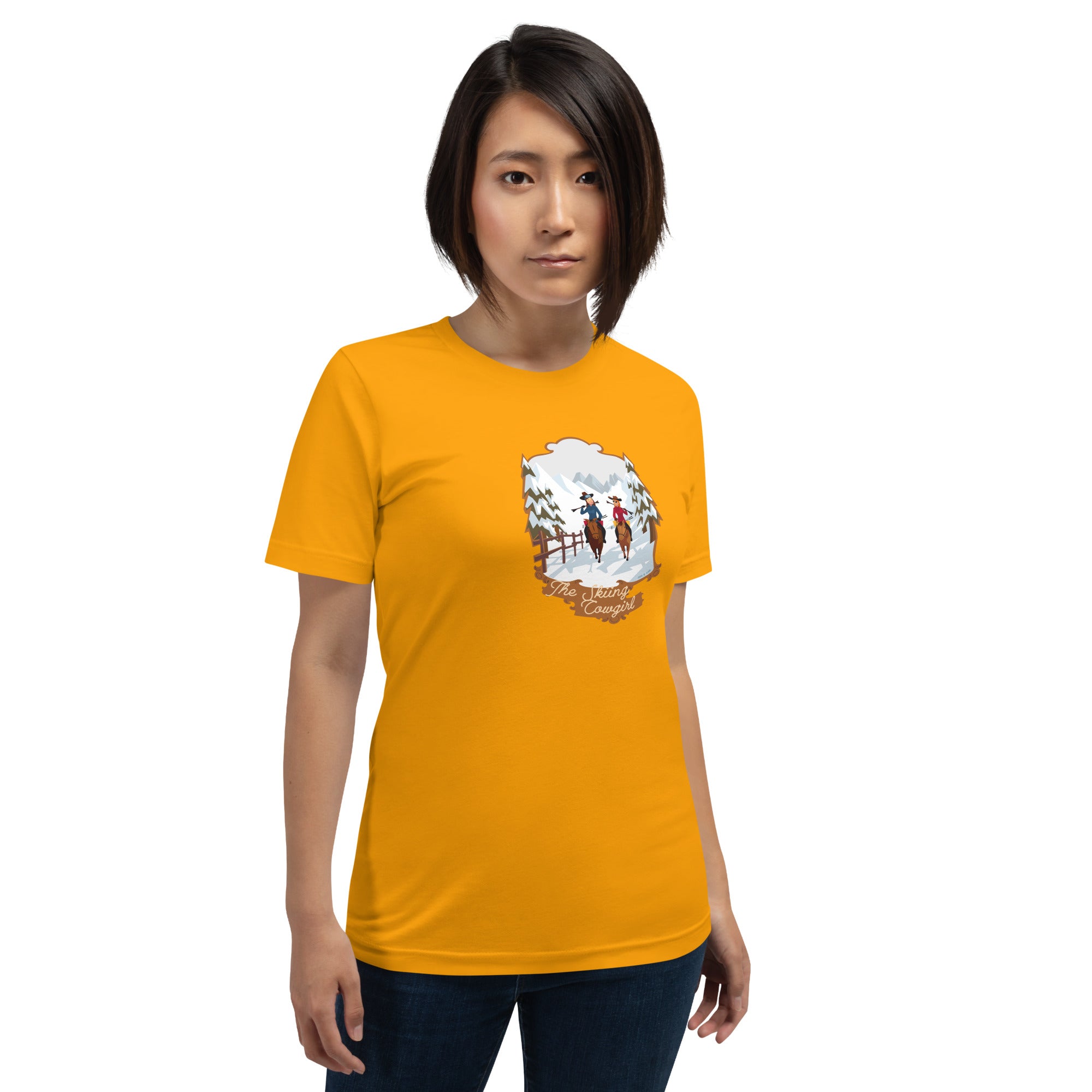 Unisex cotton t-shirt The Skiing Cowgirl on bright colors