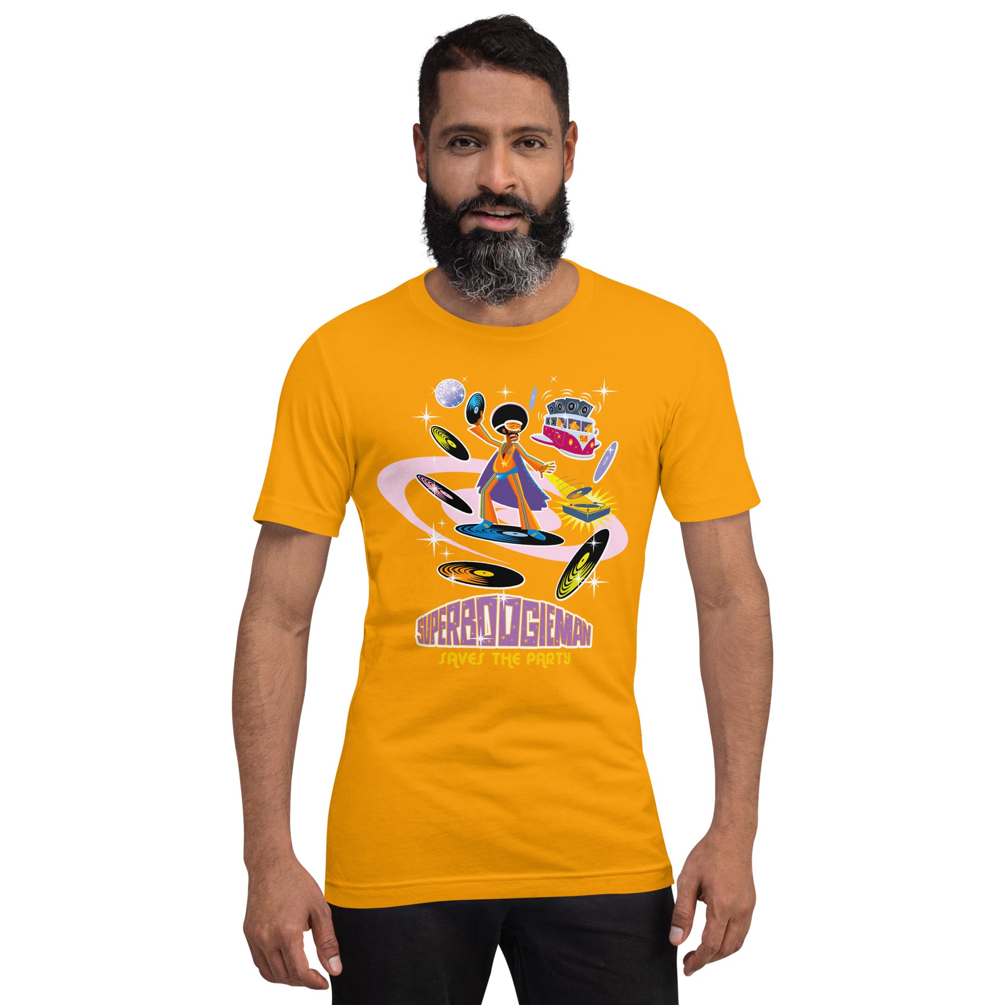 Unisex cotton t-shirt Superboogieman saves the Party on bright colors