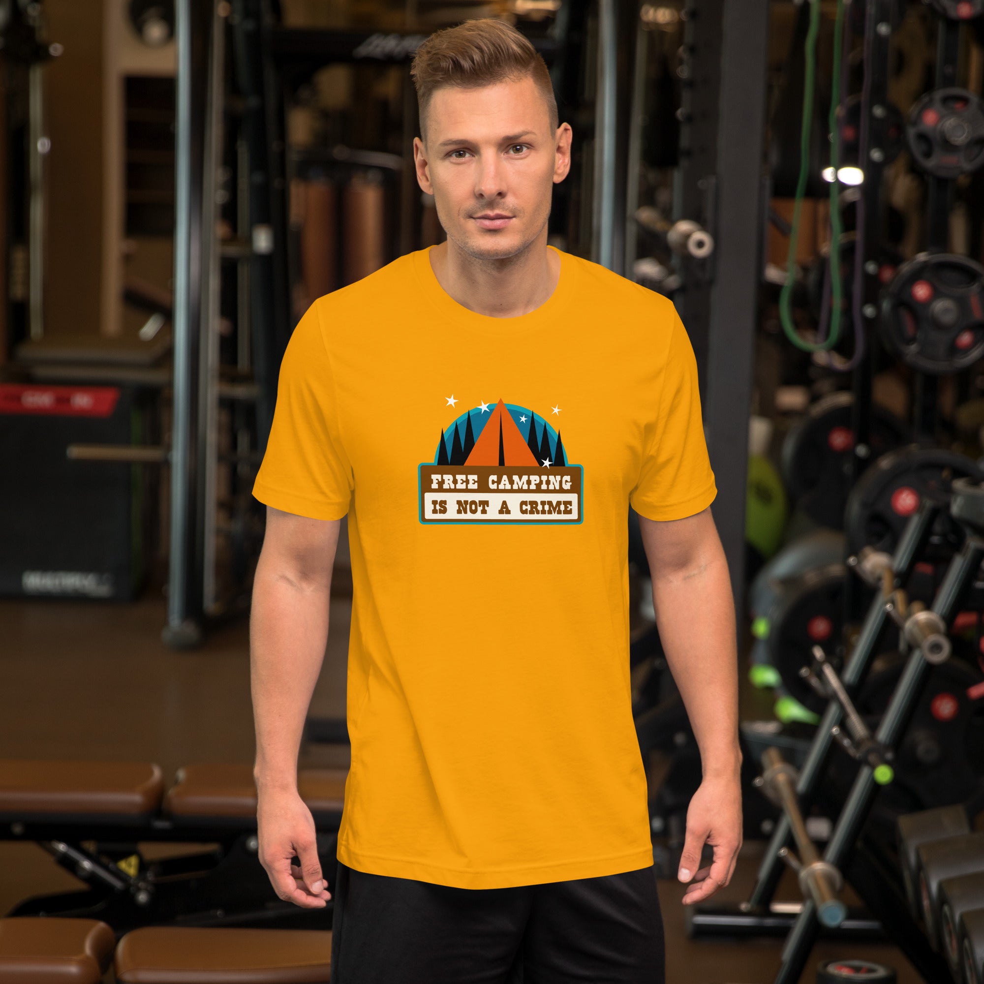 Unisex cotton t-shirt Free Camping is not a Crime on bright colors