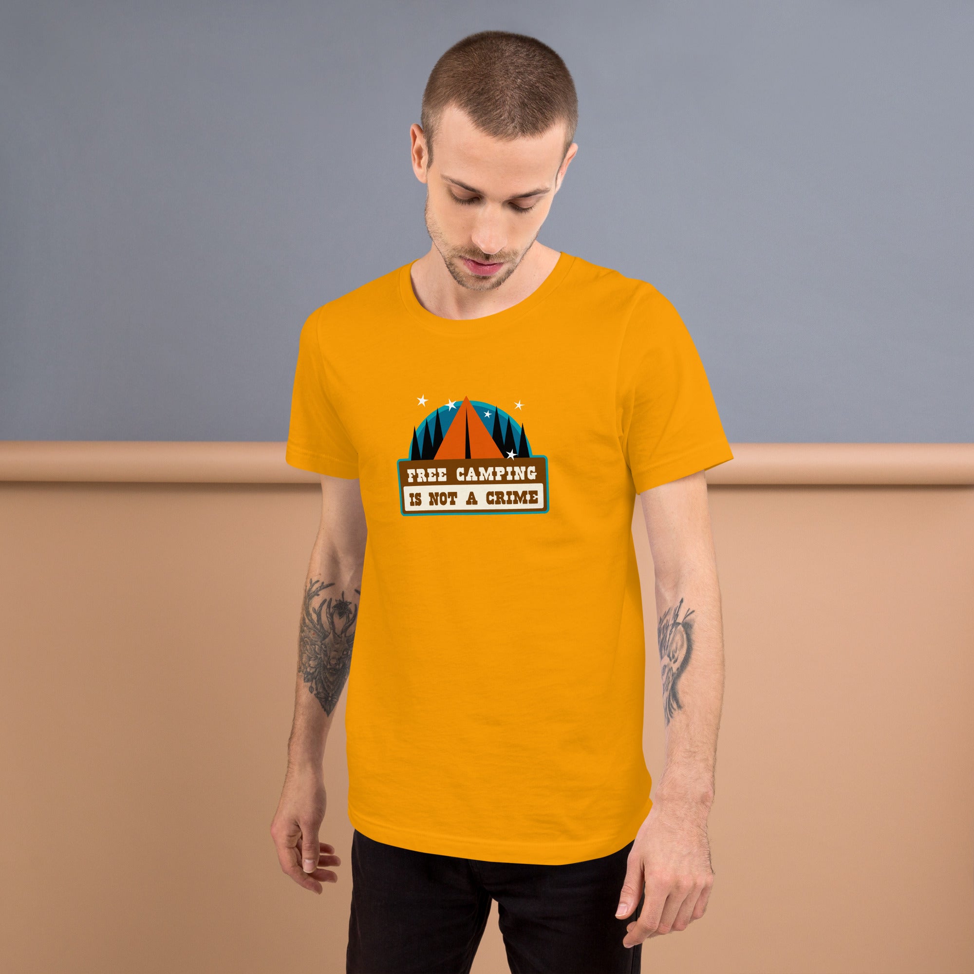 Unisex cotton t-shirt Free Camping is not a Crime on bright colors