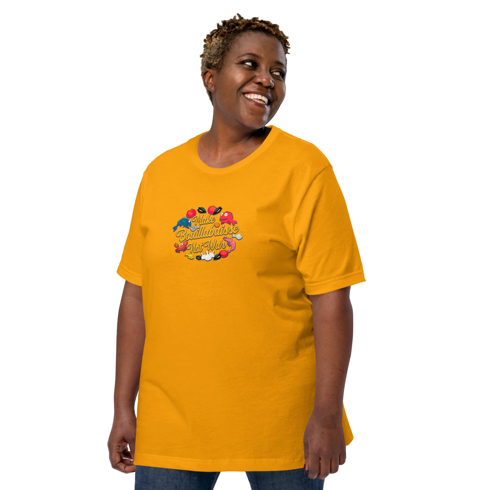 T-shirt en coton unisexe Make Bouillabaisse Not War sur couleurs vives