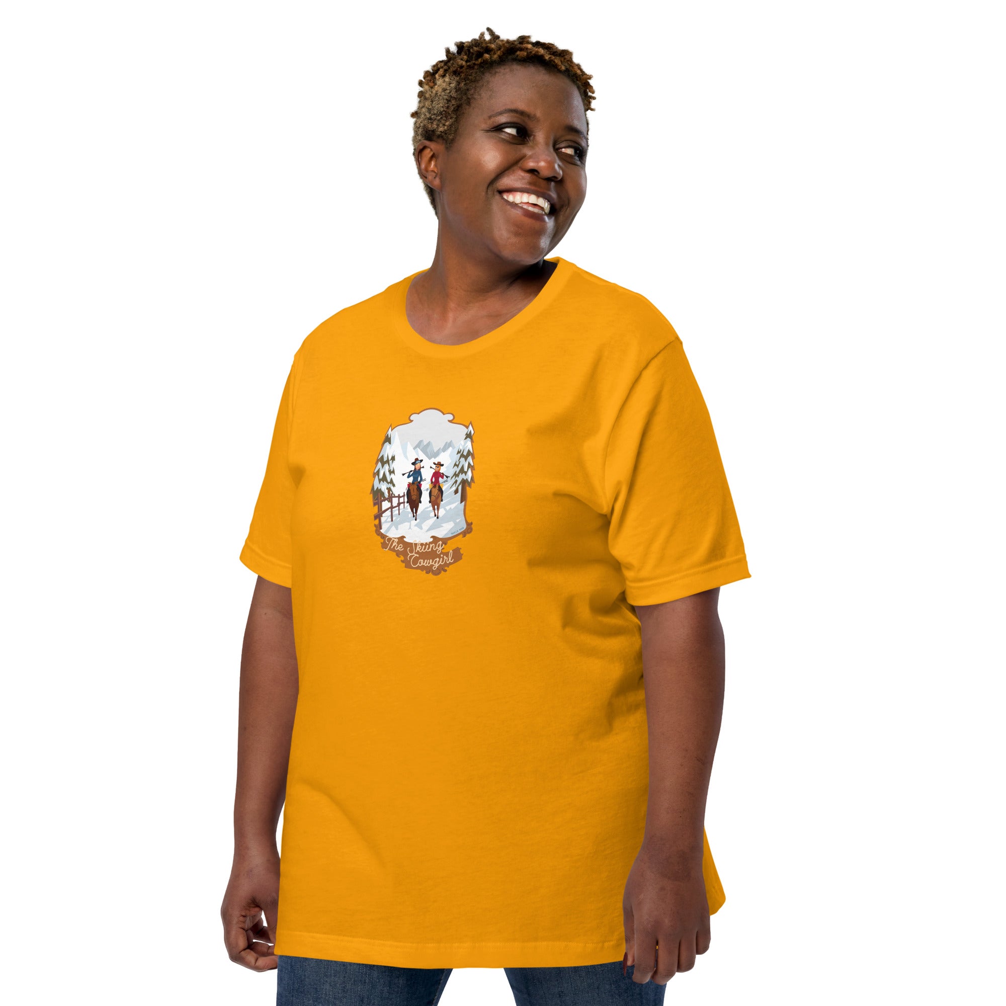 Unisex cotton t-shirt The Skiing Cowgirl on bright colors