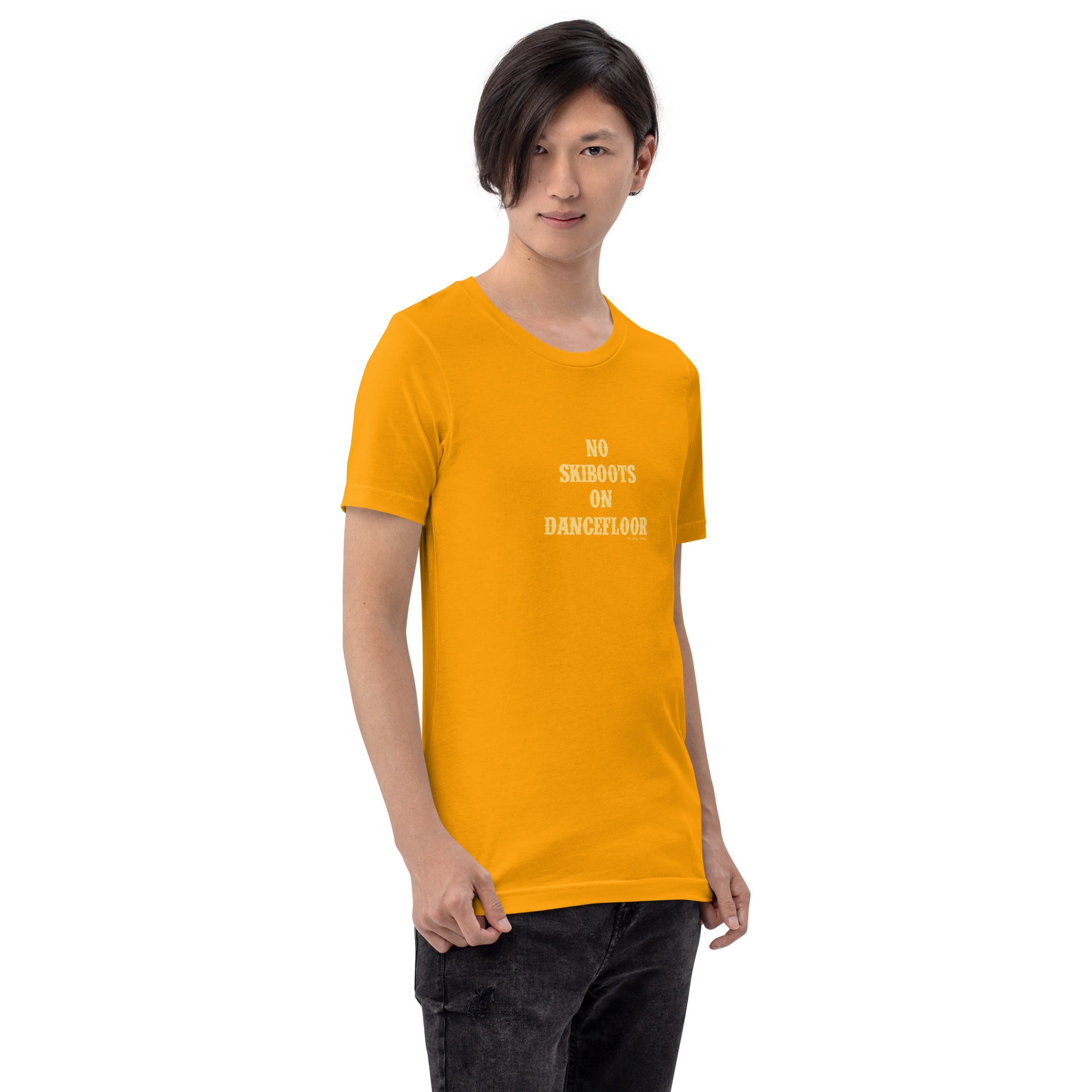 Unisex t-shirt No Skiboots on Dancefloor on bright colors