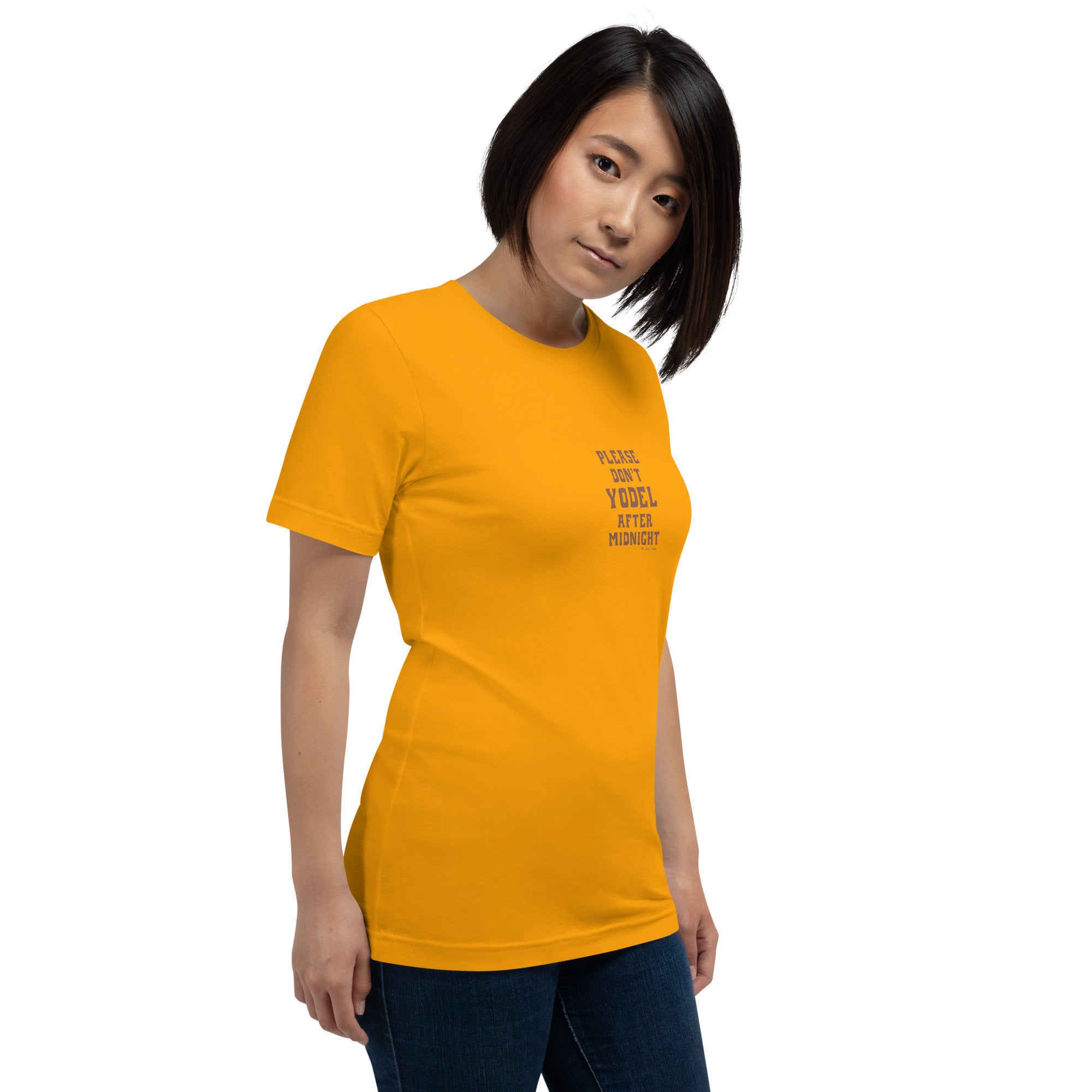 Unisex t-shirt Don't Yodel After Midnight on bright colors