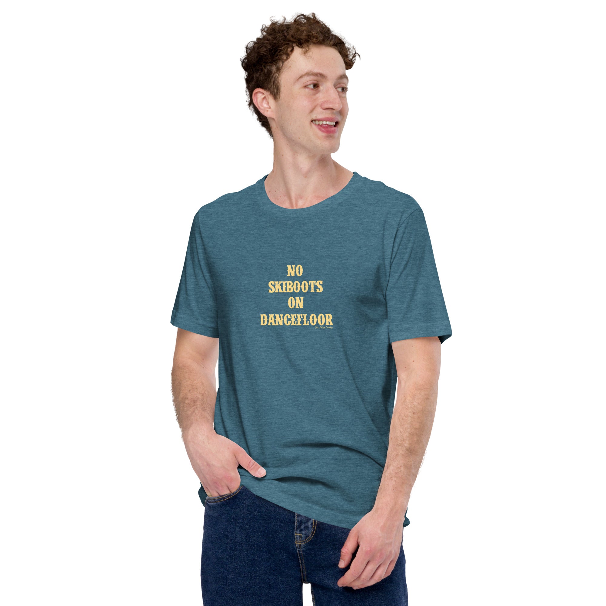 T-shirt en coton unisexe No Skiboots on Dancefloor sur fonds chinés foncés