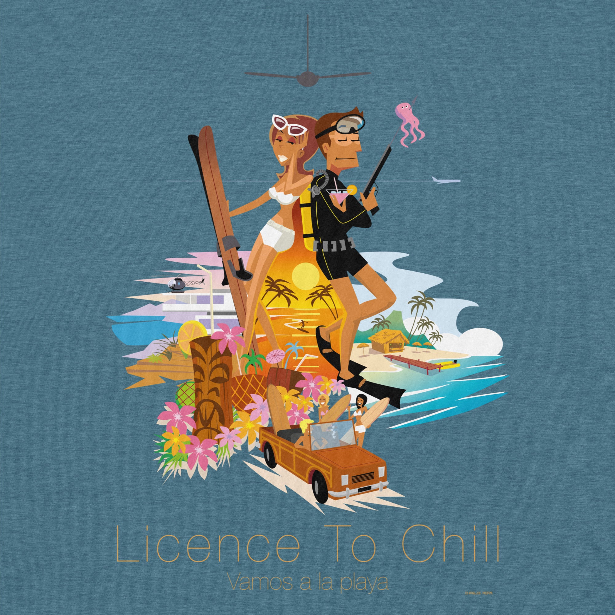 T-shirt en coton unisexe License to Chill Vamos a la playa sur couleurs chinées foncées