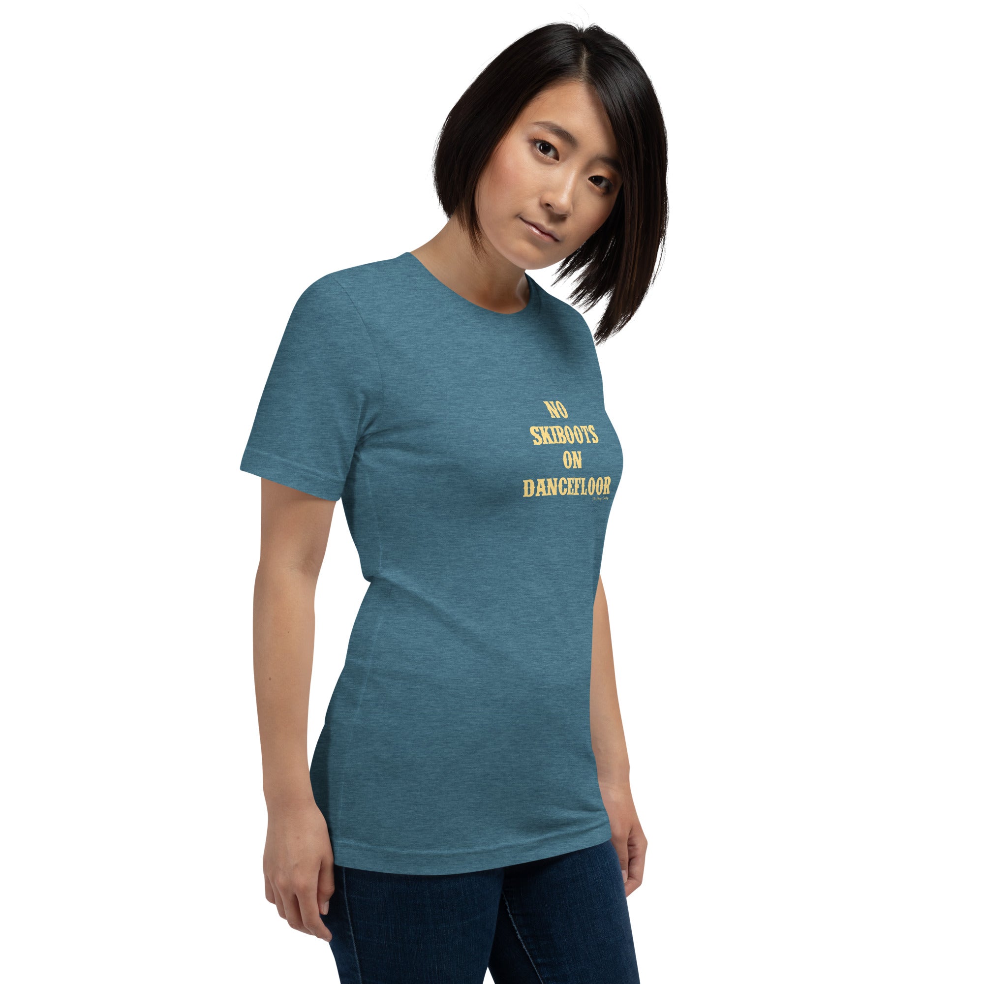 Unisex t-shirt No Skiboots on Dancefloor on dark heather colors