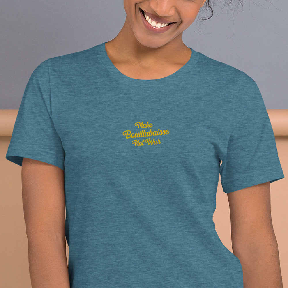 Unisex t-shirt Make Bouillabaisse Not War Text Only gold embroidered pattern on dark heather colors