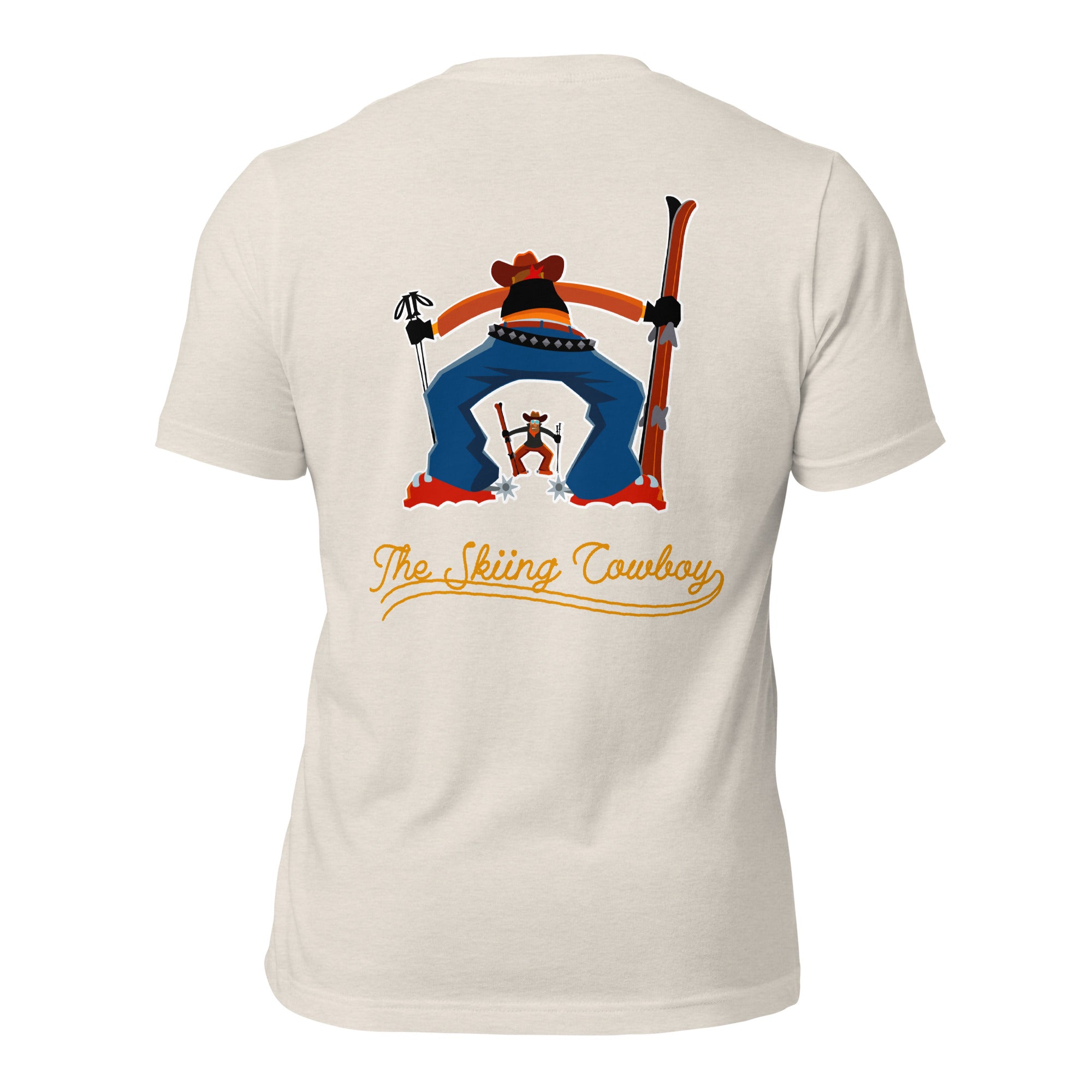 T-shirt en coton unisexe Skiing Cowboy (face) & Ski Fight at OK Corral Outline (dos) sur couleurs chinées claires