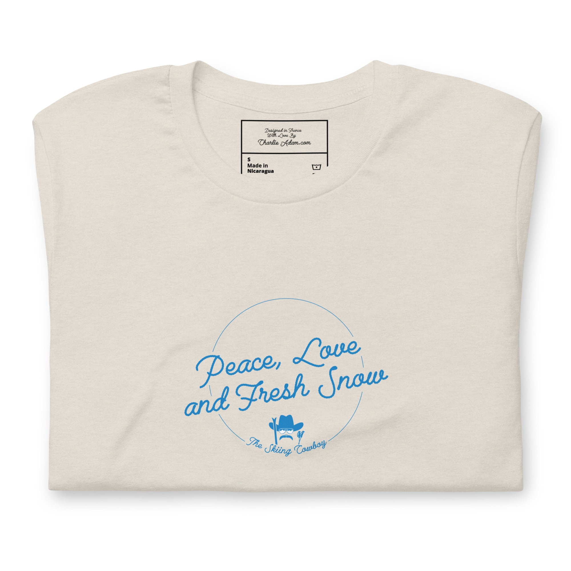 T-shirt en coton unisexe Peace, Love and Fresh Snow sur couleurs chinées claires