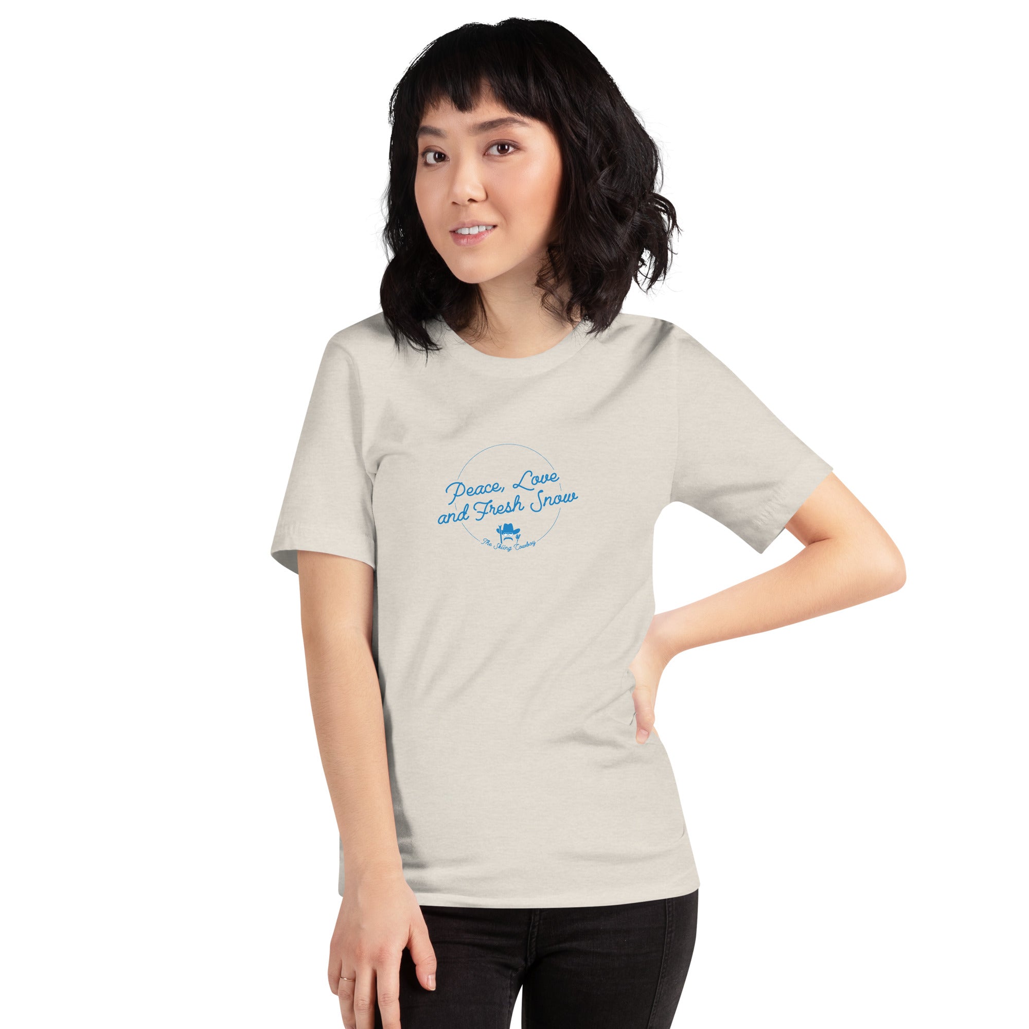 T-shirt en coton unisexe Peace, Love and Fresh Snow sur couleurs chinées claires