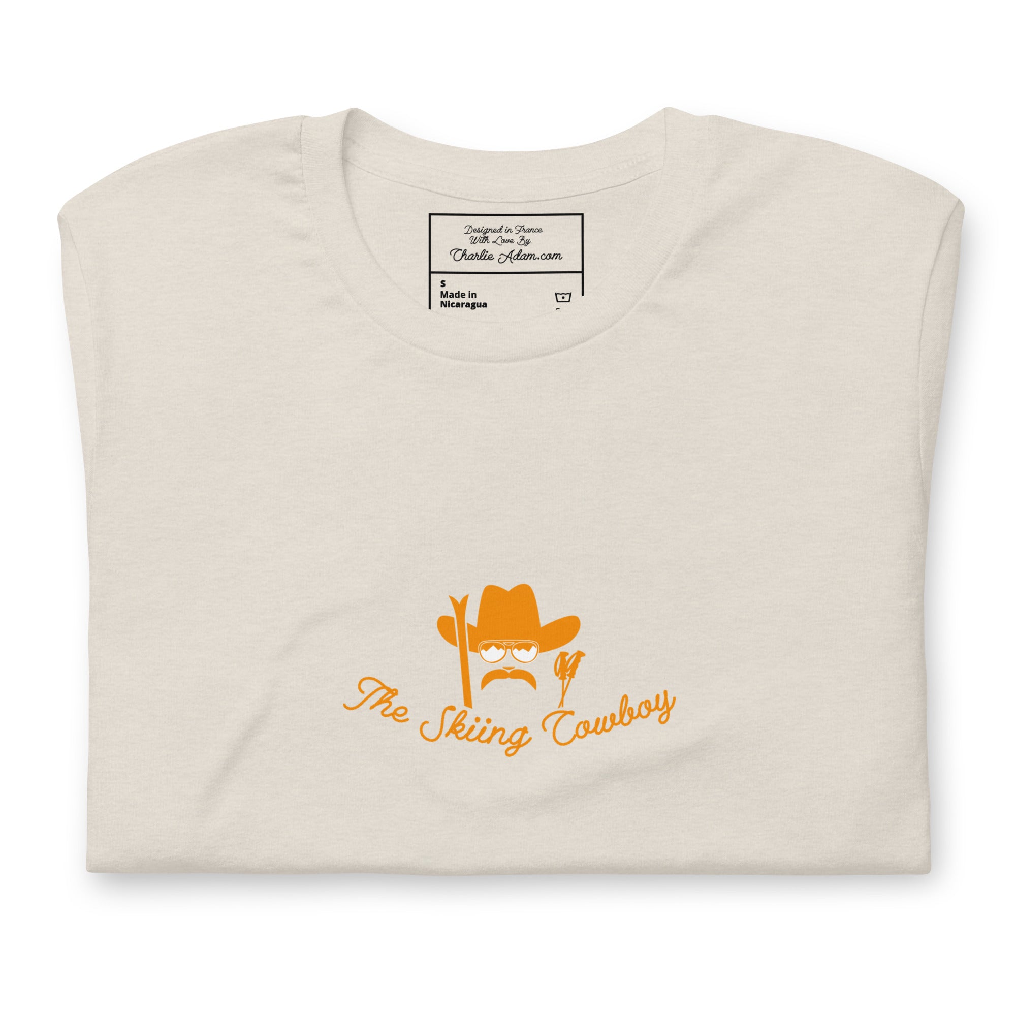 T-shirt en coton unisexe Skiing Cowboy (face) & Ski Fight at OK Corral Outline (dos) sur couleurs chinées claires