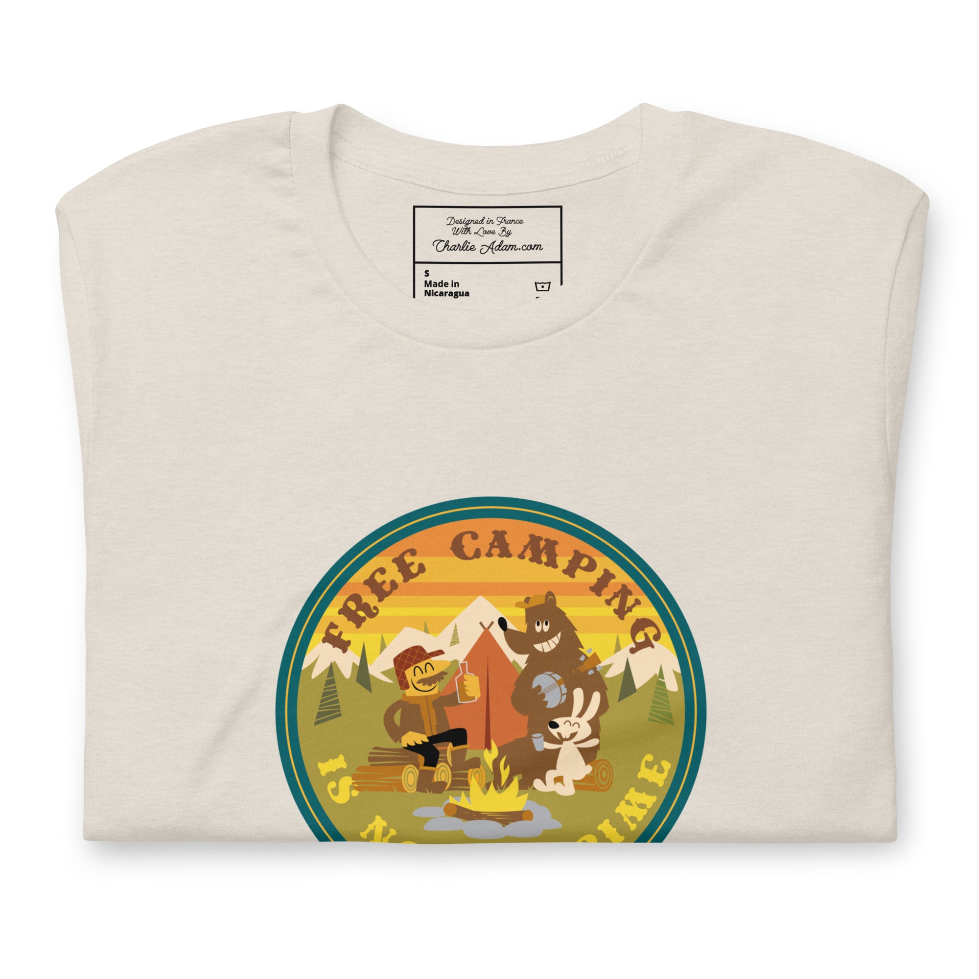 T-shirt en coton unisexe Free Camping is not a crime sur fonds chinés clairs