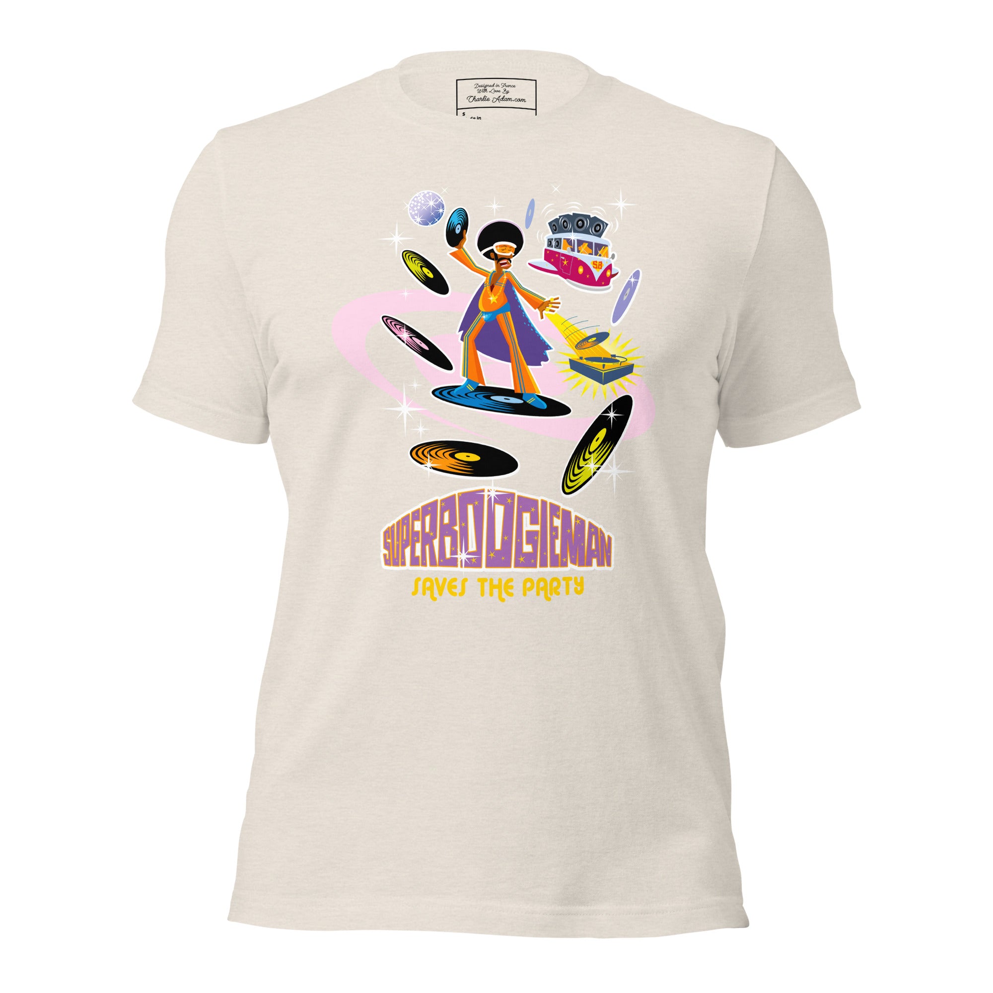 T-shirt en coton unisexe Superboogieman saves the party sur couleurs chinées claires
