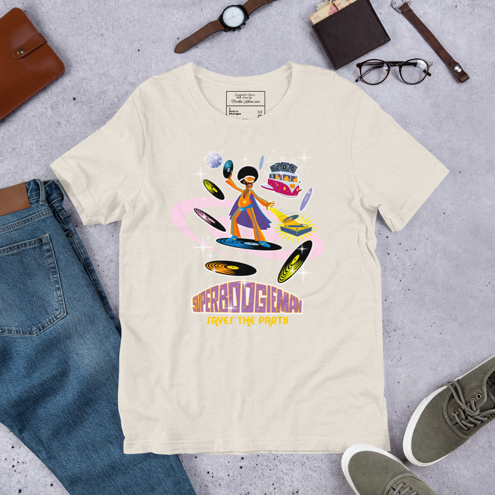 T-shirt en coton unisexe Superboogieman saves the party sur couleurs chinées claires