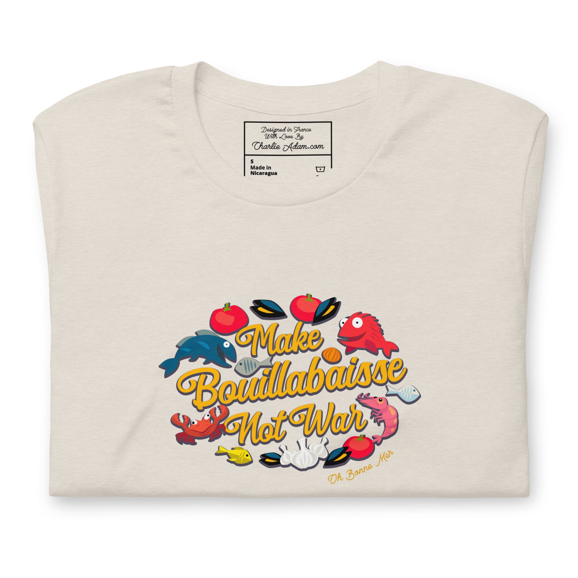 T-shirt en coton unisexe Make Bouillabaisse Not War Oh Bonne Mer sur couleurs chinées claires