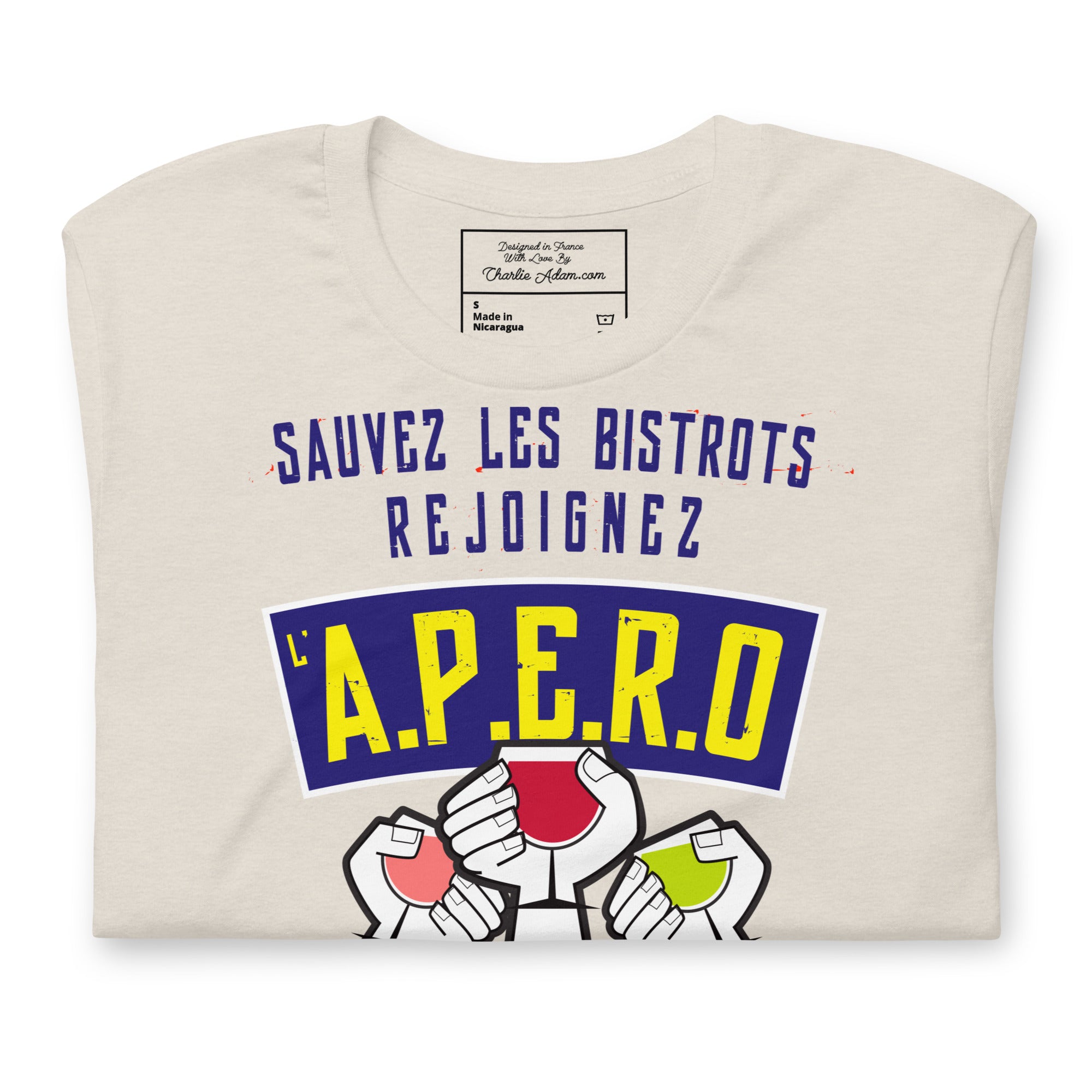 T-shirt en coton unisexe Sauvez les Bistrots, rejoignez l'Apéro sur couleurs chinées claires