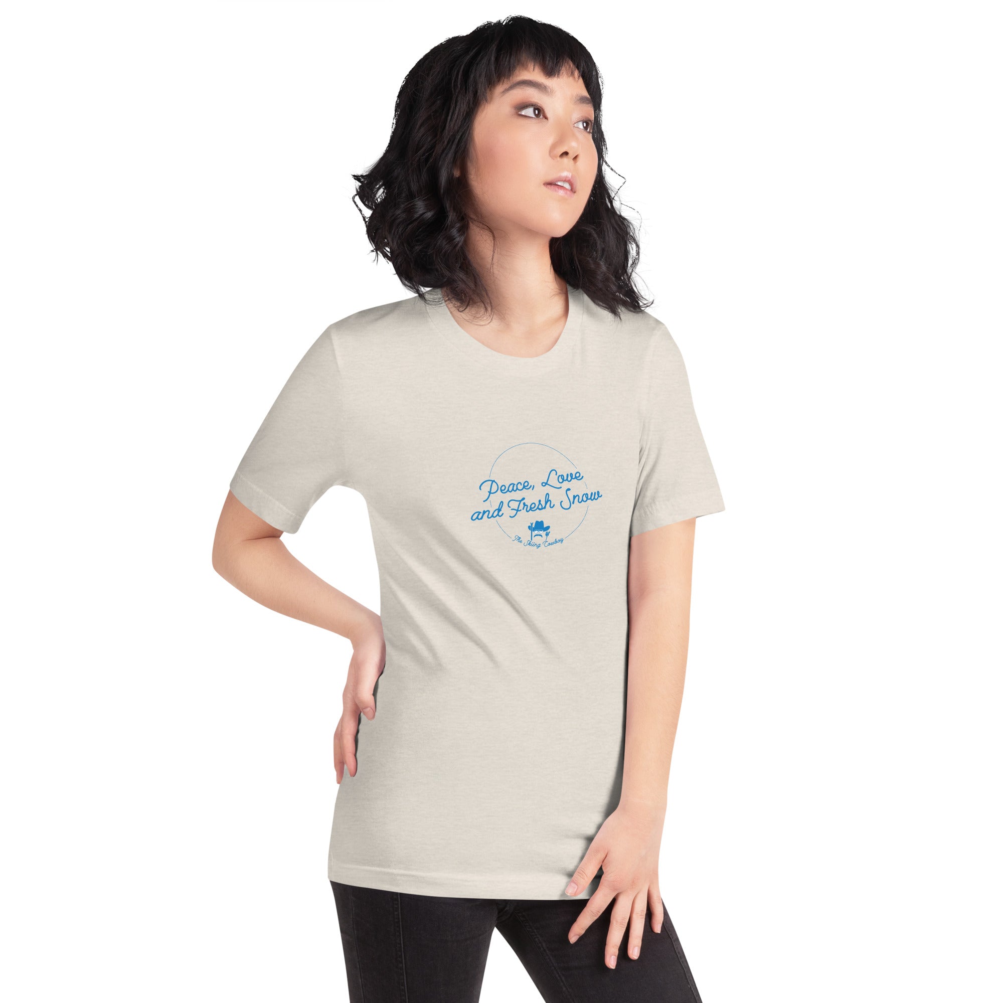 T-shirt en coton unisexe Peace, Love and Fresh Snow sur couleurs chinées claires