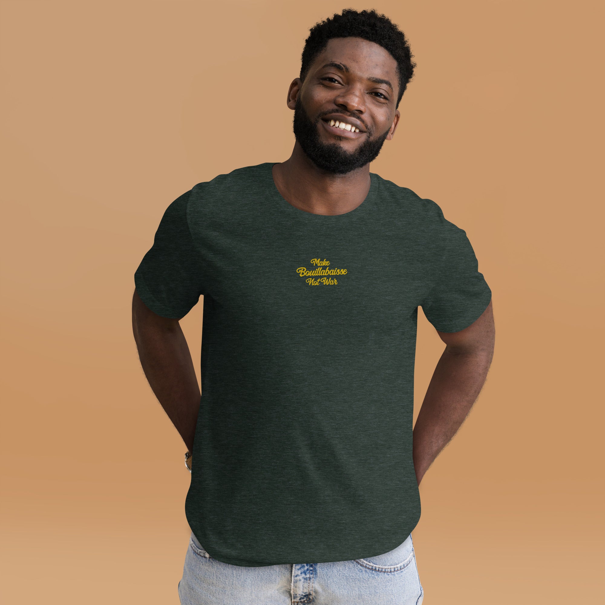 Unisex t-shirt Make Bouillabaisse Not War Text Only gold embroidered pattern on dark heather colors