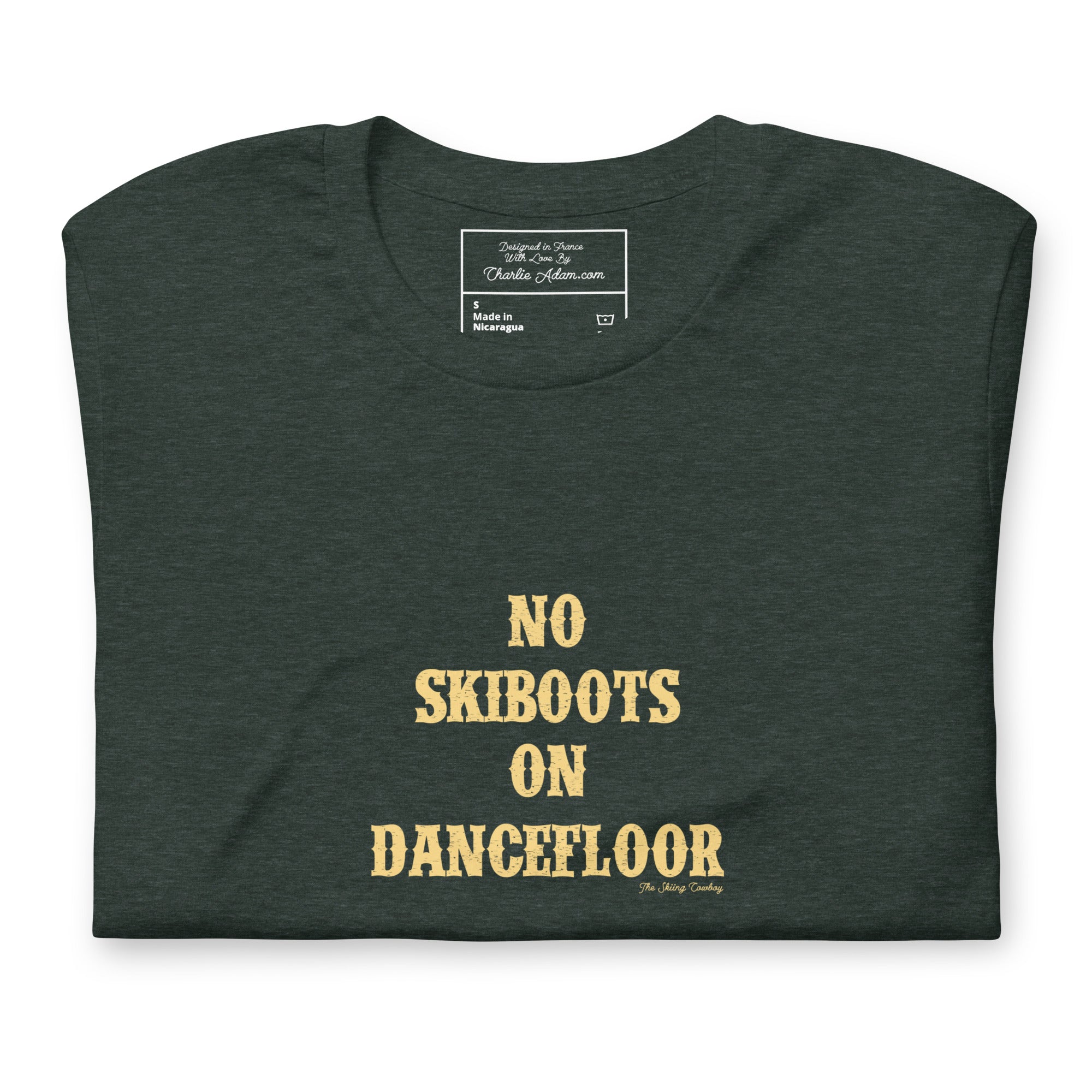 T-shirt en coton unisexe No Skiboots on Dancefloor sur fonds chinés foncés