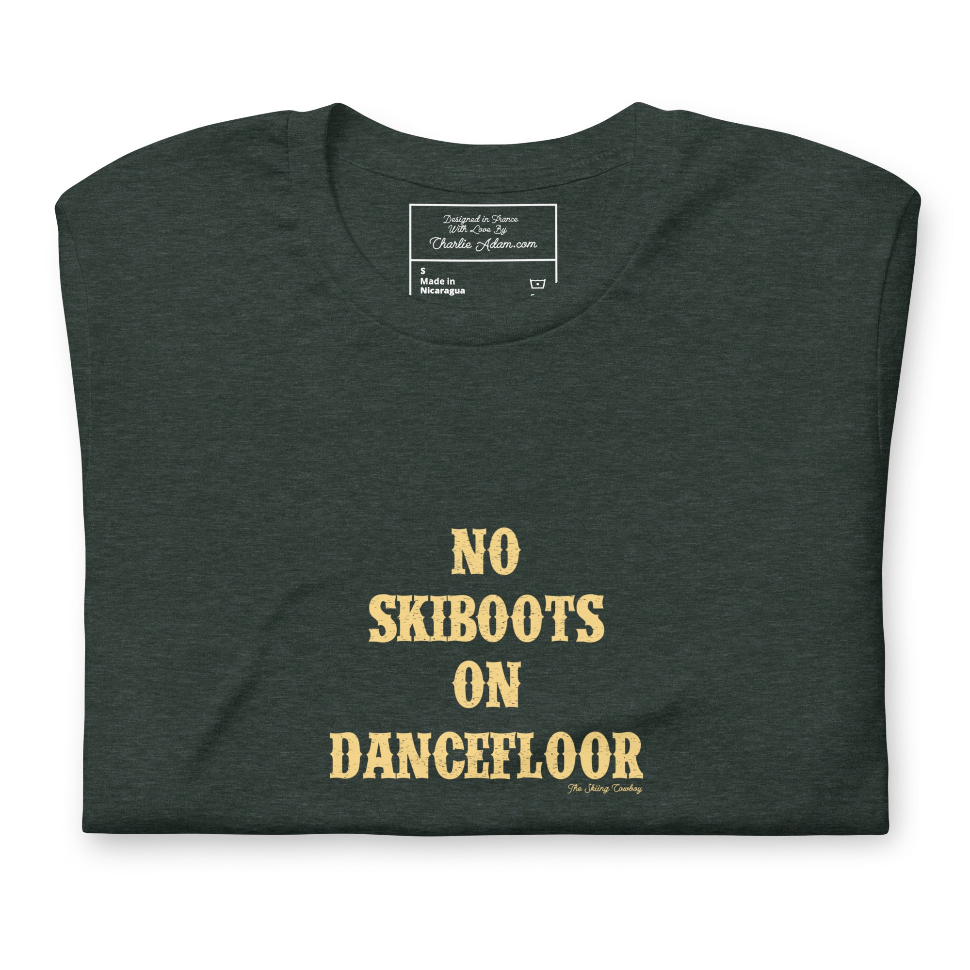 Unisex t-shirt No Skiboots on Dancefloor on dark heather colors