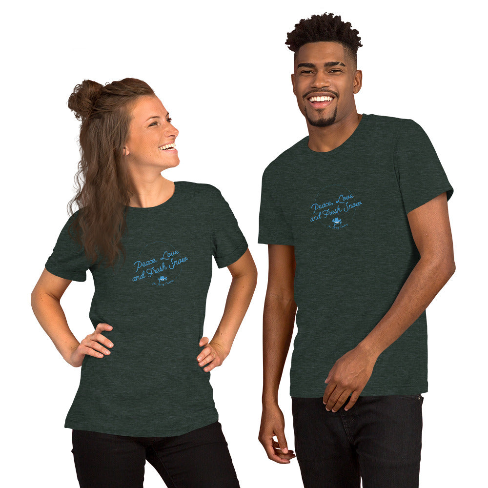 Unisex t-shirt Peace, Love and Fresh Snow on dark heather colors