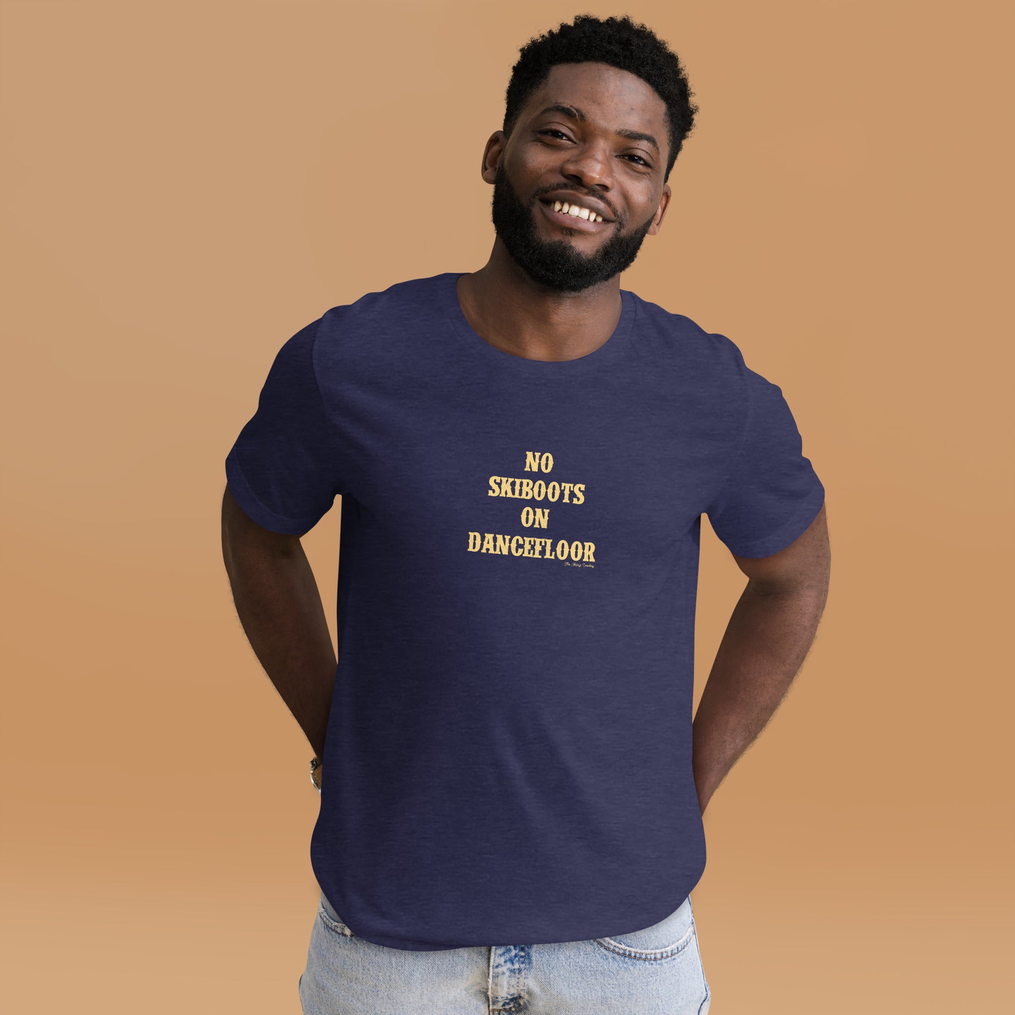 Unisex t-shirt No Skiboots on Dancefloor on dark heather colors