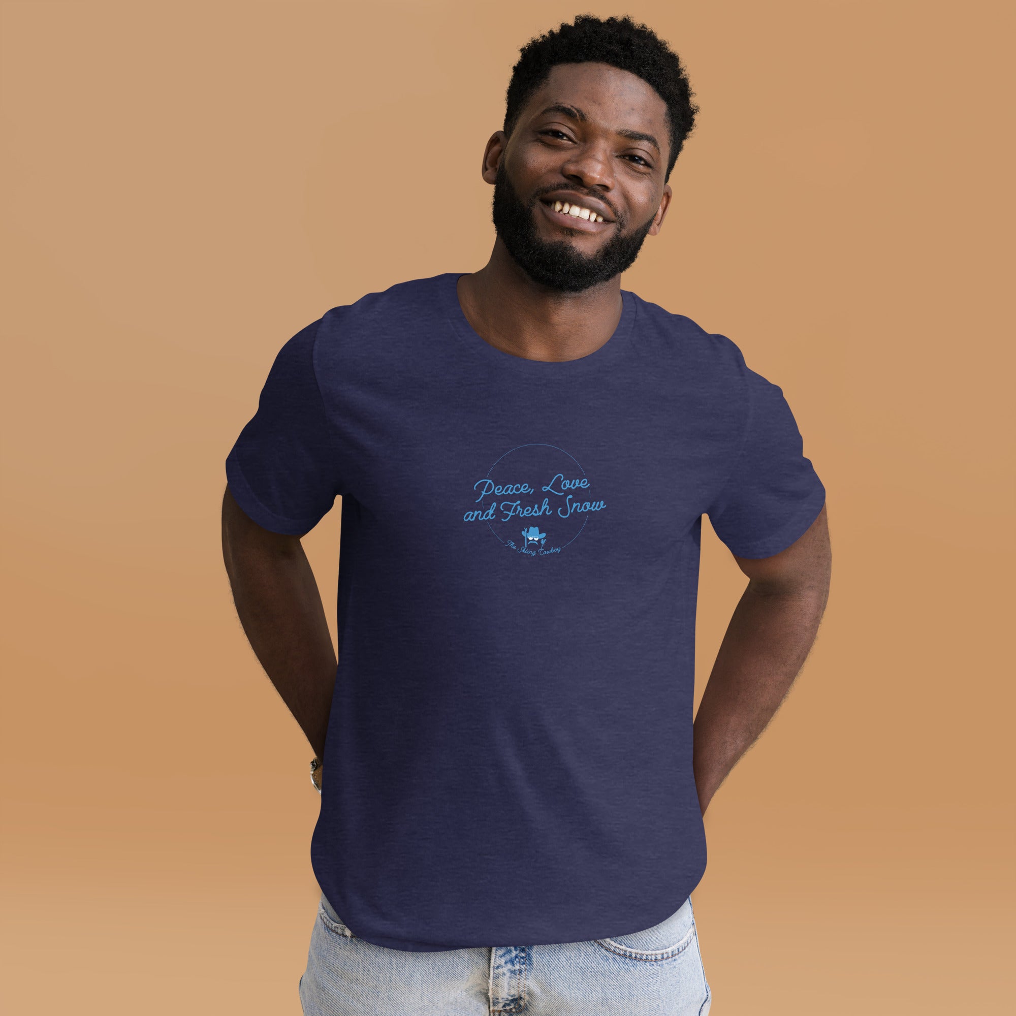 T-shirt en coton unisexe Peace, Love and Fresh Snow sur couleurs chinées foncées