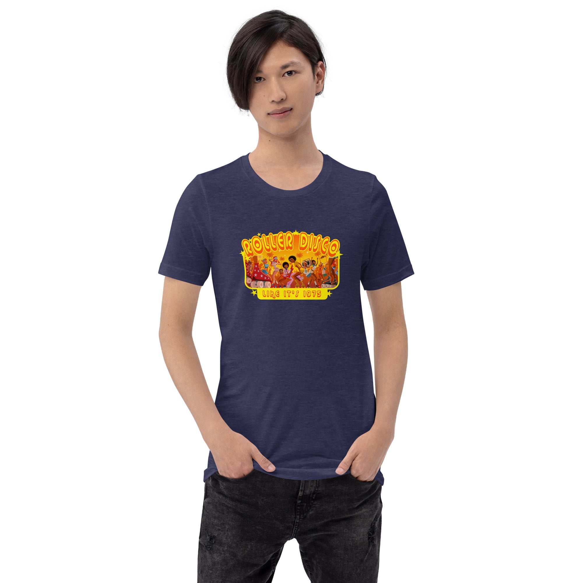 T-shirt en coton unisexe Roller Disco 1975 sur couleurs chinées foncées