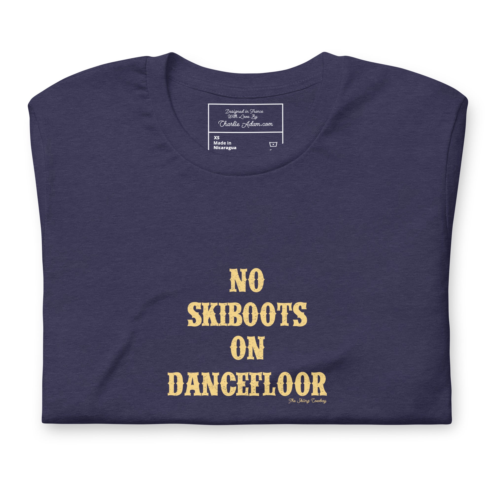 Unisex t-shirt No Skiboots on Dancefloor on dark heather colors